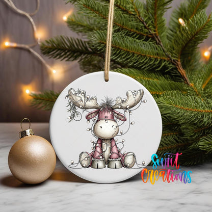 Cute Pink Moose With Lights UV DTF Ornament Transfer | O-1934 - Swiit Creations