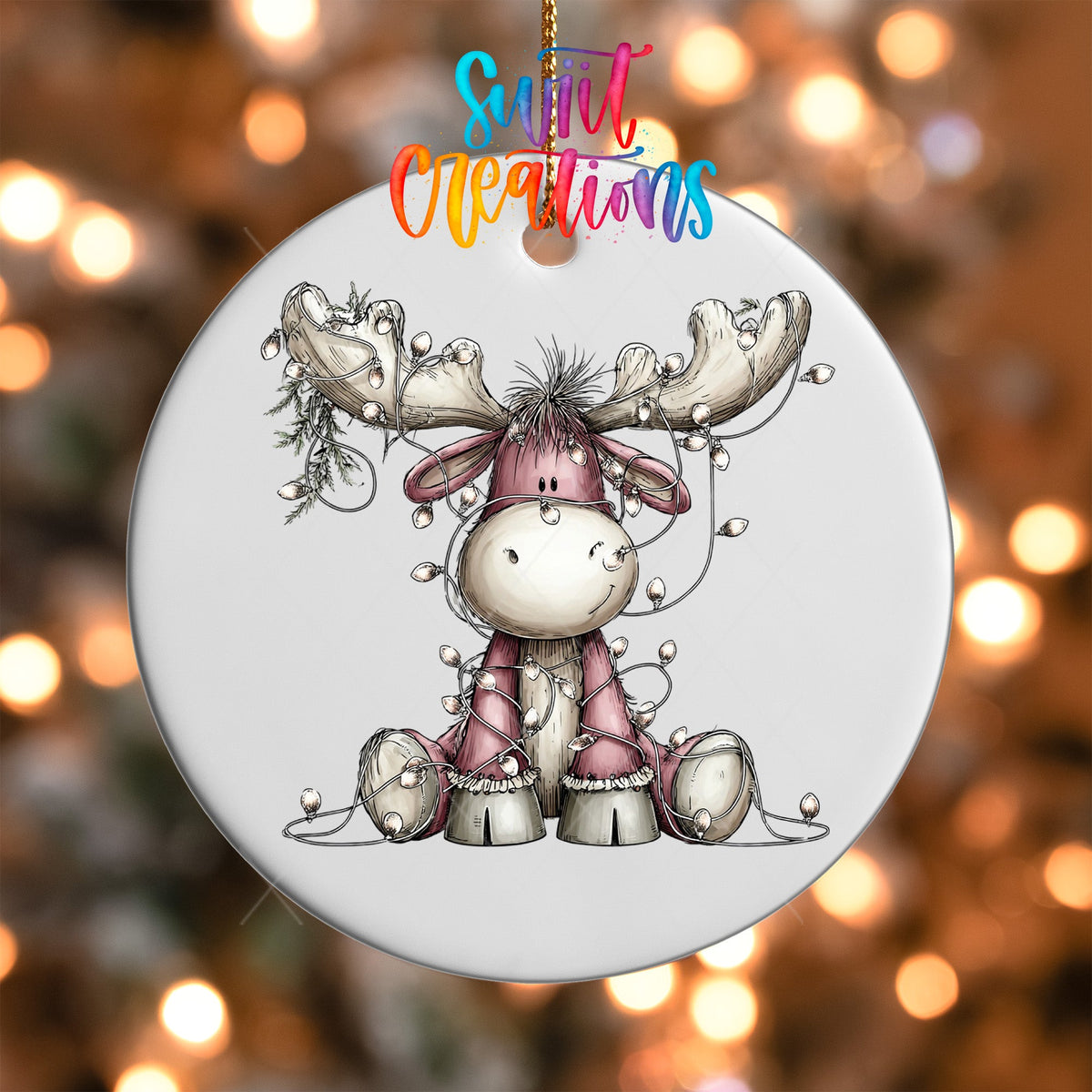 Cute Pink Moose With Lights UV DTF Ornament Transfer | O-1934 - Swiit Creations