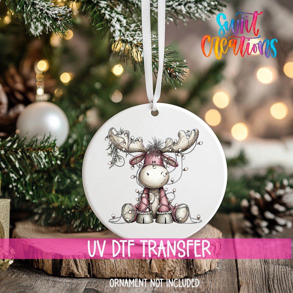 Cute Pink Moose With Lights UV DTF Ornament Transfer | O-1934 - Swiit Creations