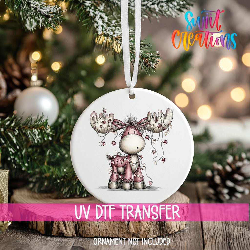 Cute Pink Moose With Star Lights UV DTF Ornament Transfer | O-1936 - Swiit Creations