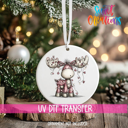 Cute Pink Moose With Star Lights UV DTF Ornament Transfer | O-1936 - Swiit Creations