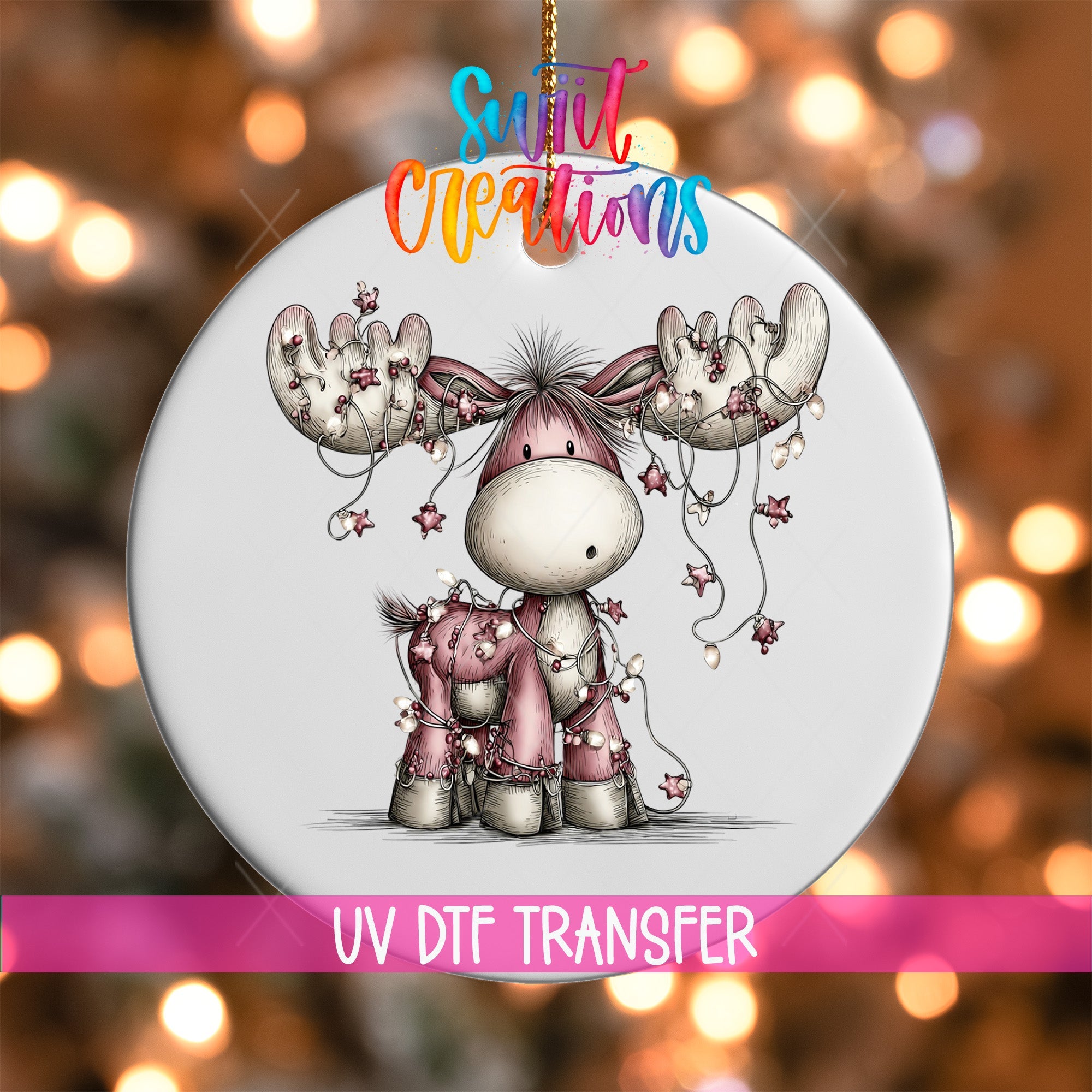 Cute Pink Moose With Star Lights UV DTF Ornament Transfer | O-1936 - Swiit Creations