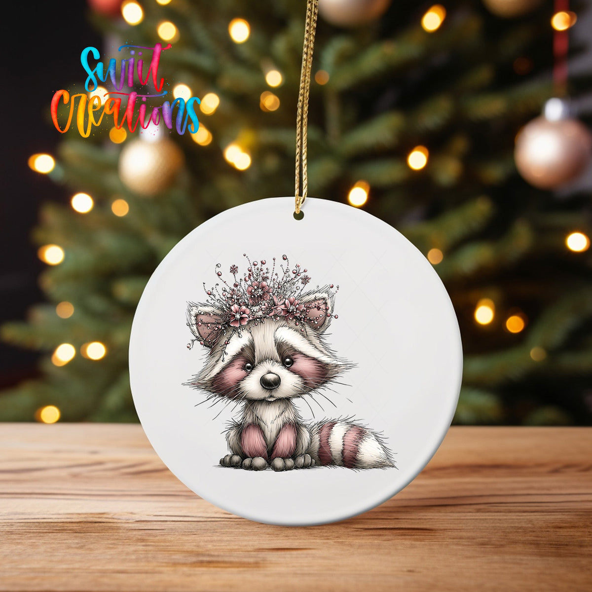 Cute Pink Raccoon With Floral Crown UV DTF Ornament Transfer | O-1929 - Swiit Creations