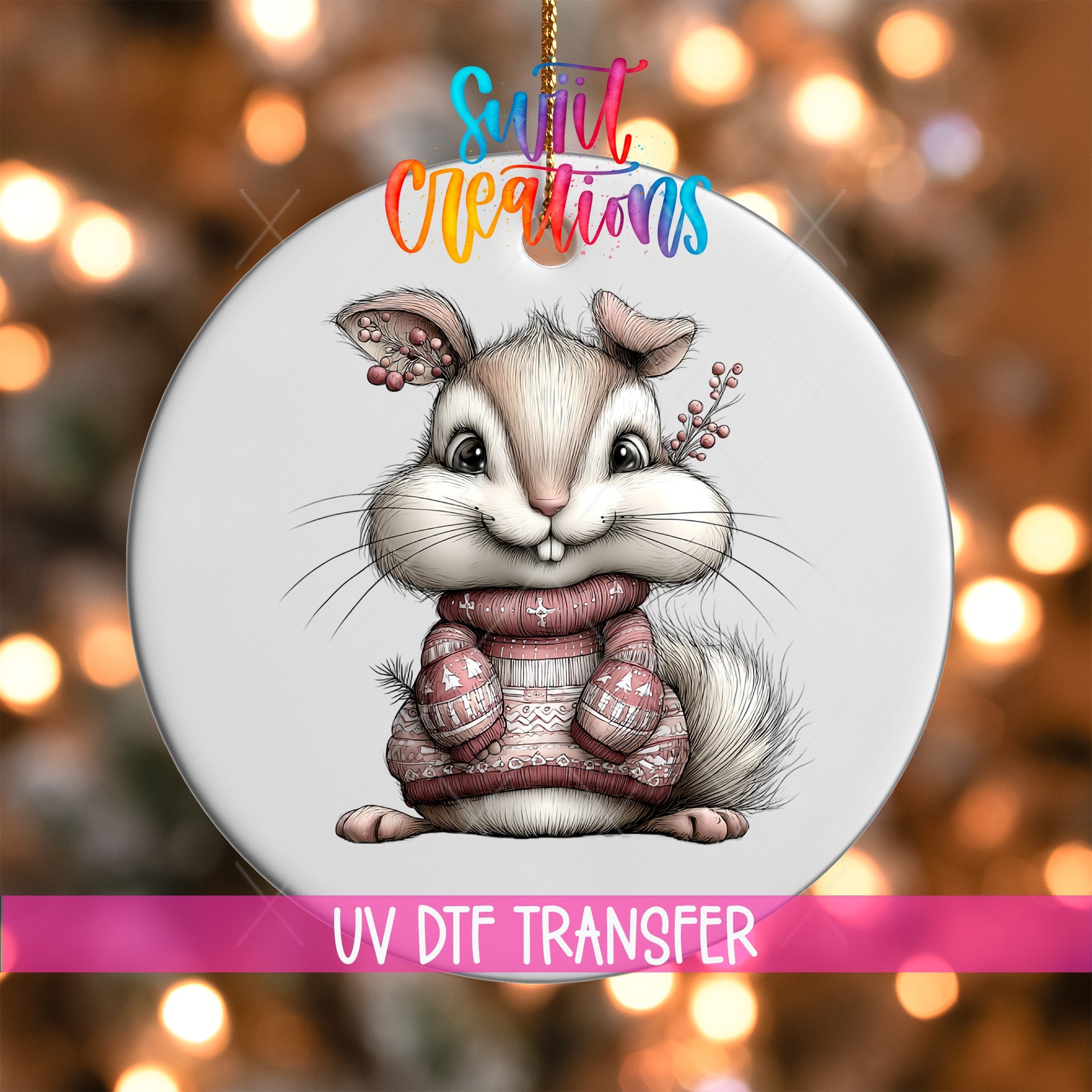 Cute Pink Squirrel In Sweater UV DTF Ornament Transfer | O-1945 - Swiit Creations