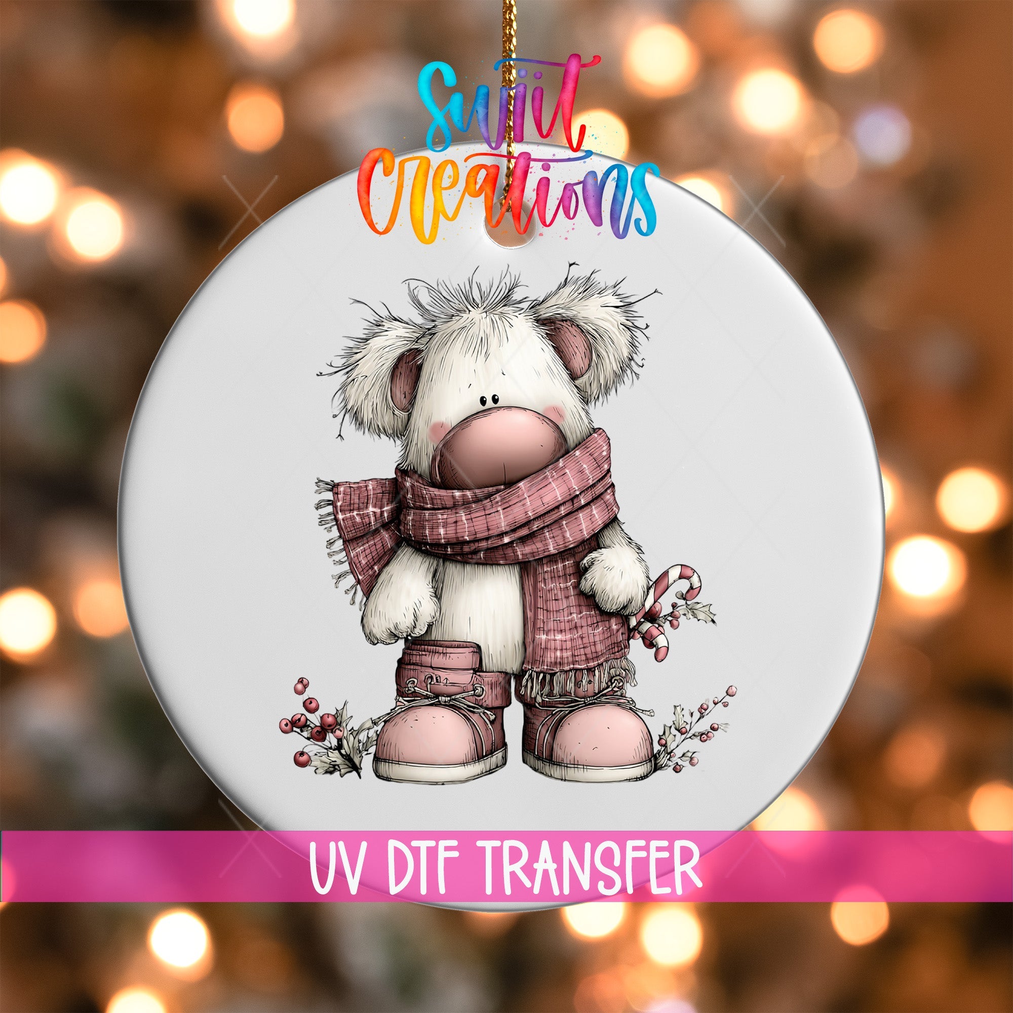Cute Pink Winter Bear Christmas UV DTF Ornament Transfer | O-1953 - Swiit Creations