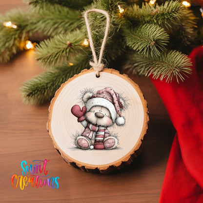 Cute Pink Winter Bear Waving Christmas UV DTF Ornament Transfer | O-1955 - Swiit Creations