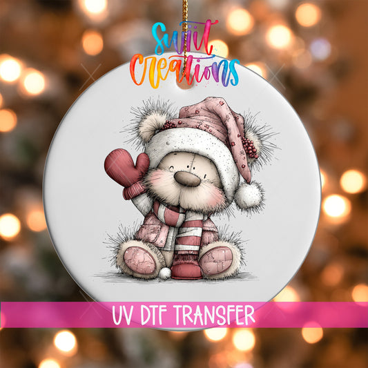 Cute Pink Winter Bear Waving Christmas UV DTF Ornament Transfer | O-1955 - Swiit Creations