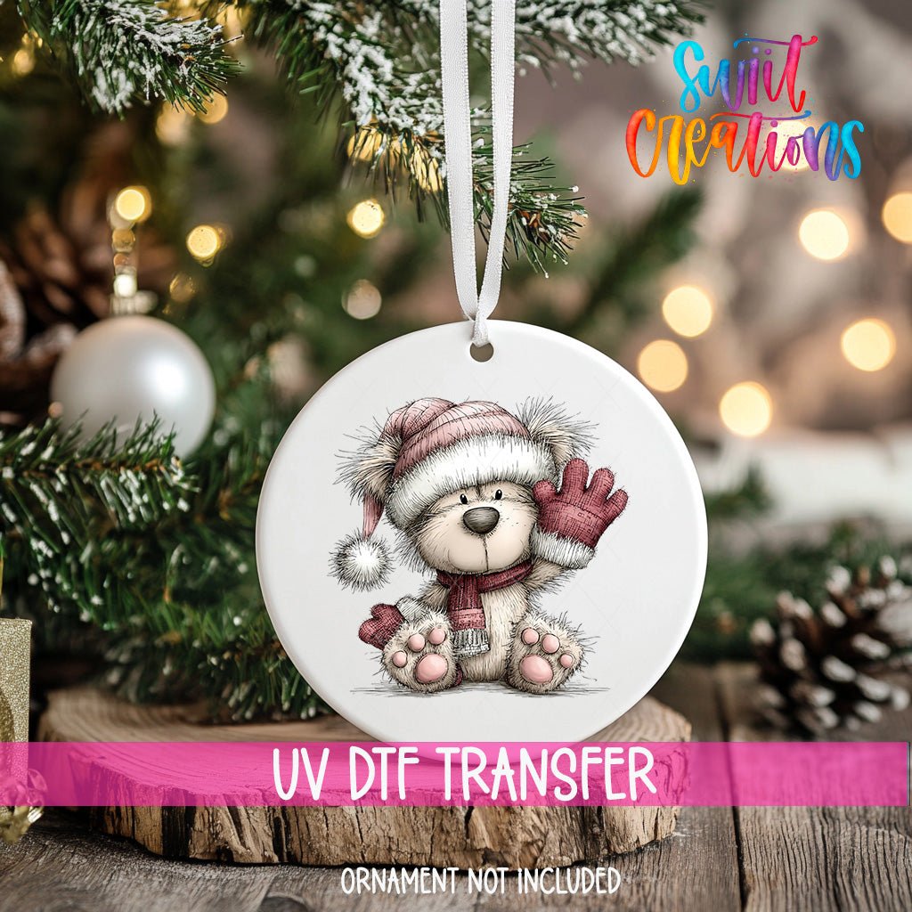 Cute Pink Winter Bear Waving Christmas UV DTF Ornament Transfer | O-1958 - Swiit Creations