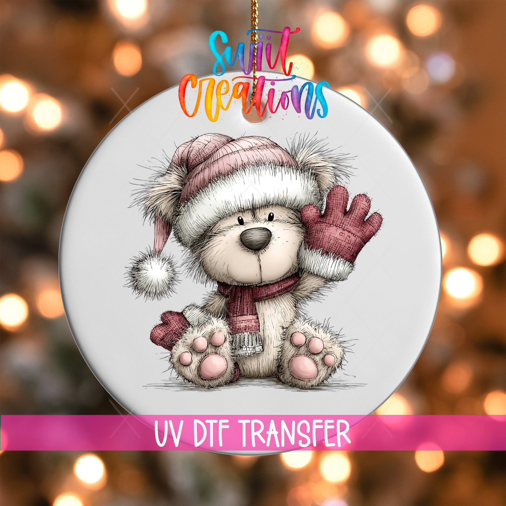 Cute Pink Winter Bear Waving Christmas UV DTF Ornament Transfer | O-1958 - Swiit Creations
