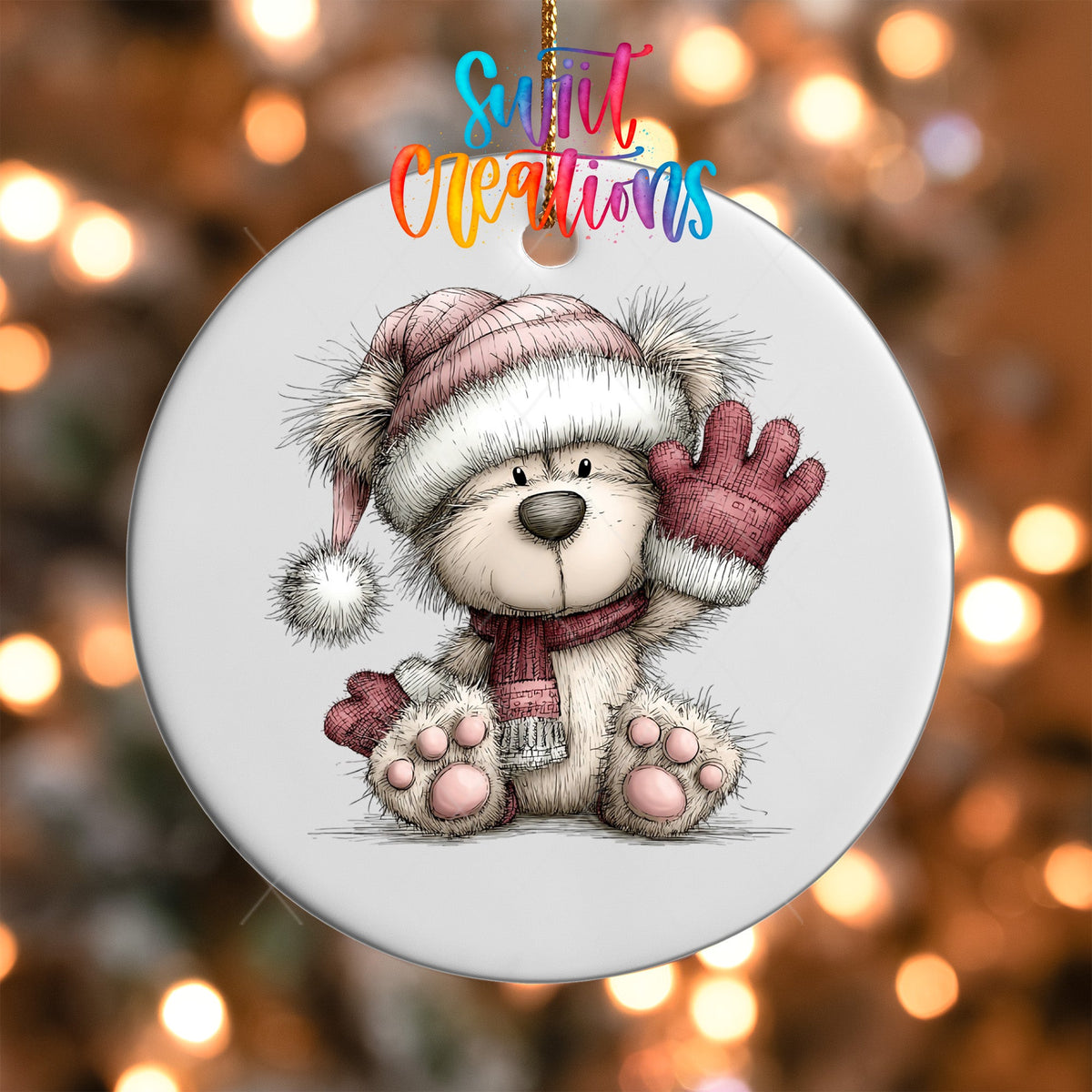 Cute Pink Winter Bear Waving Christmas UV DTF Ornament Transfer | O-1958 - Swiit Creations
