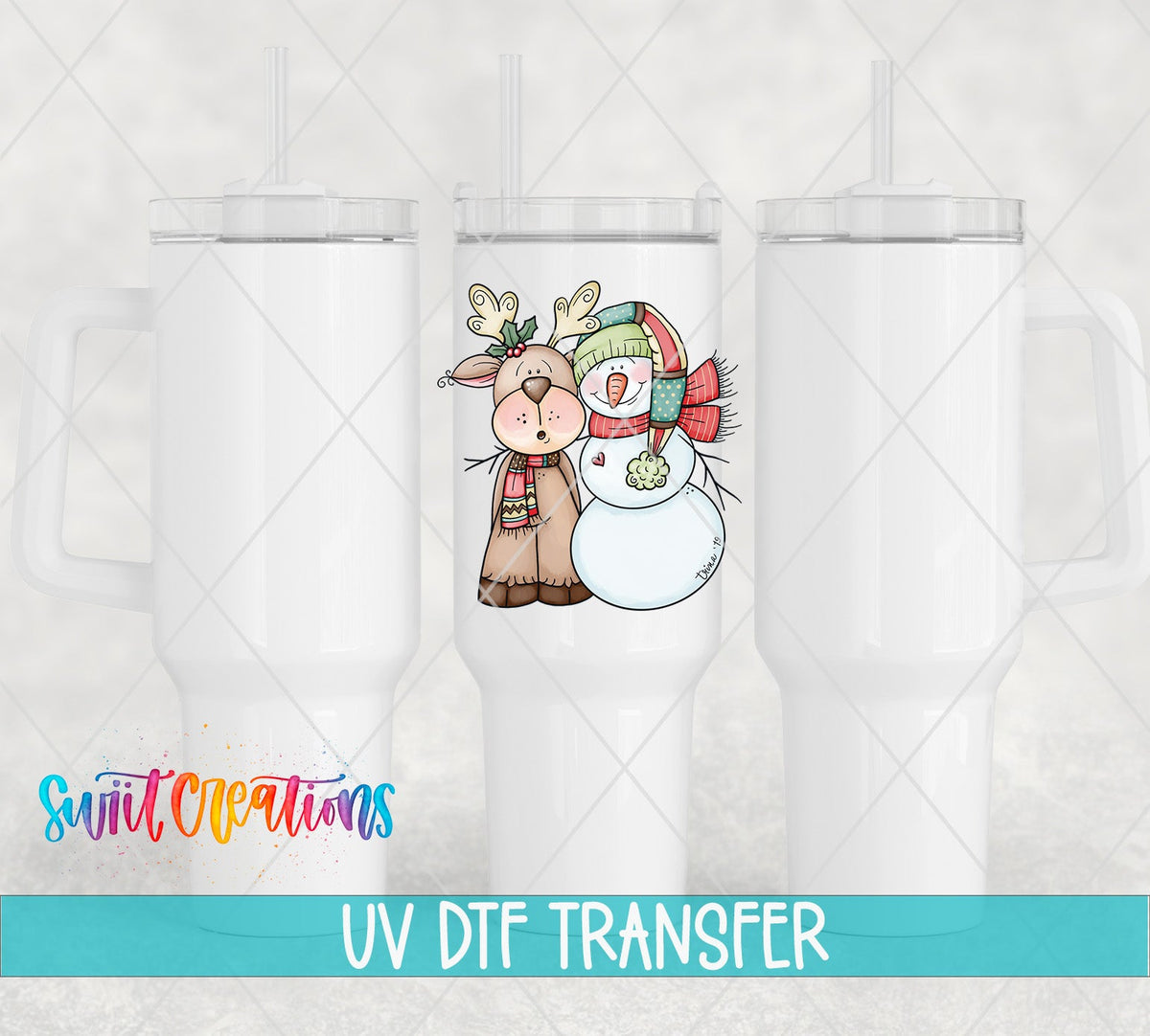 Three white tumblers featuring the Reindeer and Snowman UV DTF transfer by Swiit Creations