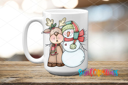 White ceramic mug with the Swiit Creations Reindeer and Snowman Christmas UV DTF transfer