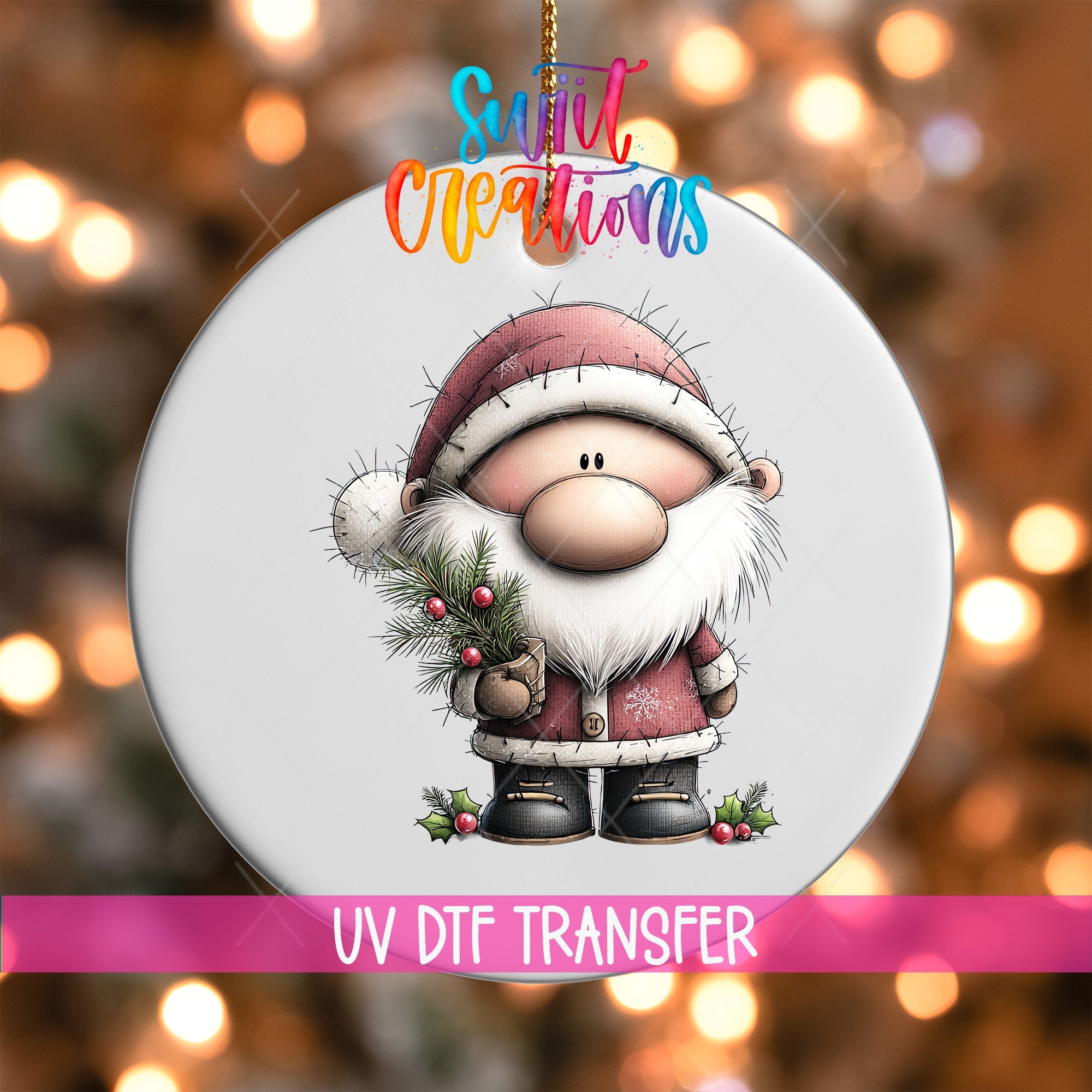 Cute Santa With Pine Sprig UV DTF Ornament Transfer | O-1968 - Swiit Creations
