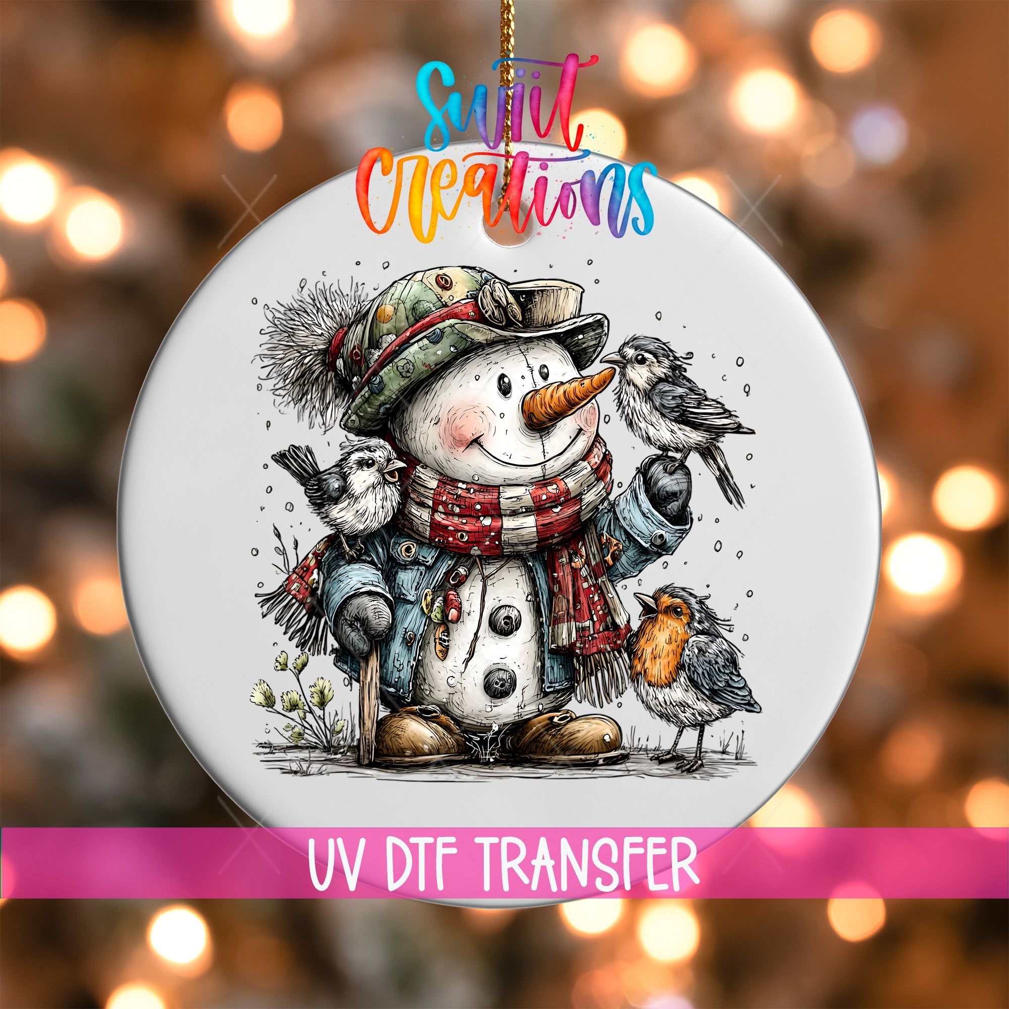 Cute Snowman With Birds UV DTF Ornament Transfer | O-1910 - Swiit Creations
