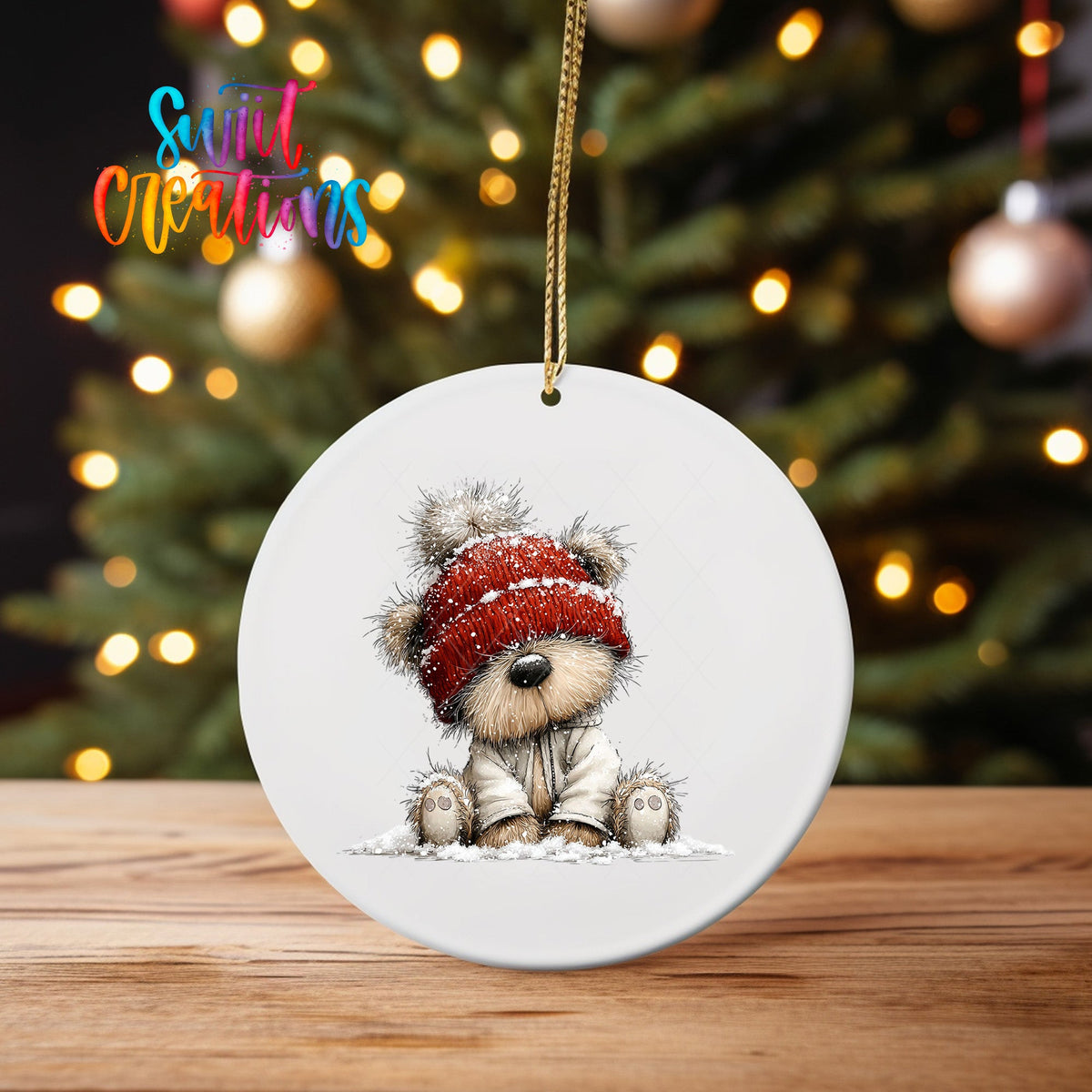 Cute Teddy Bear In Red Beanie UV DTF Ornament Transfer | O-1802 - Swiit Creations