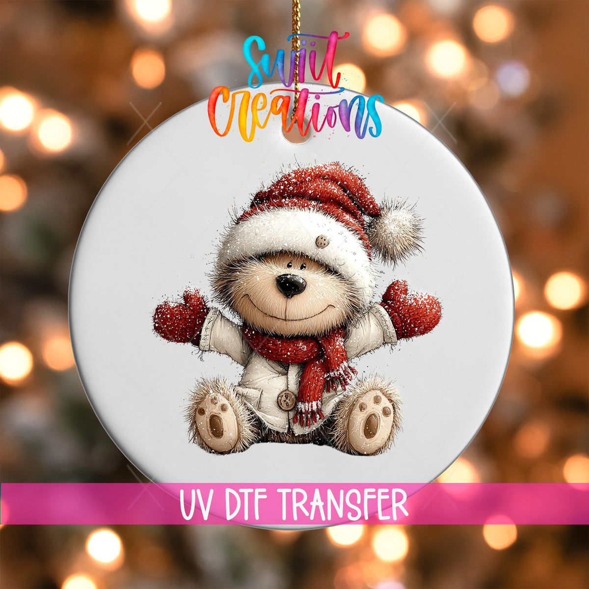 Cute Teddy Bear In Santa Hat UV DTF Ornament Transfer | O-1813 - Swiit Creations