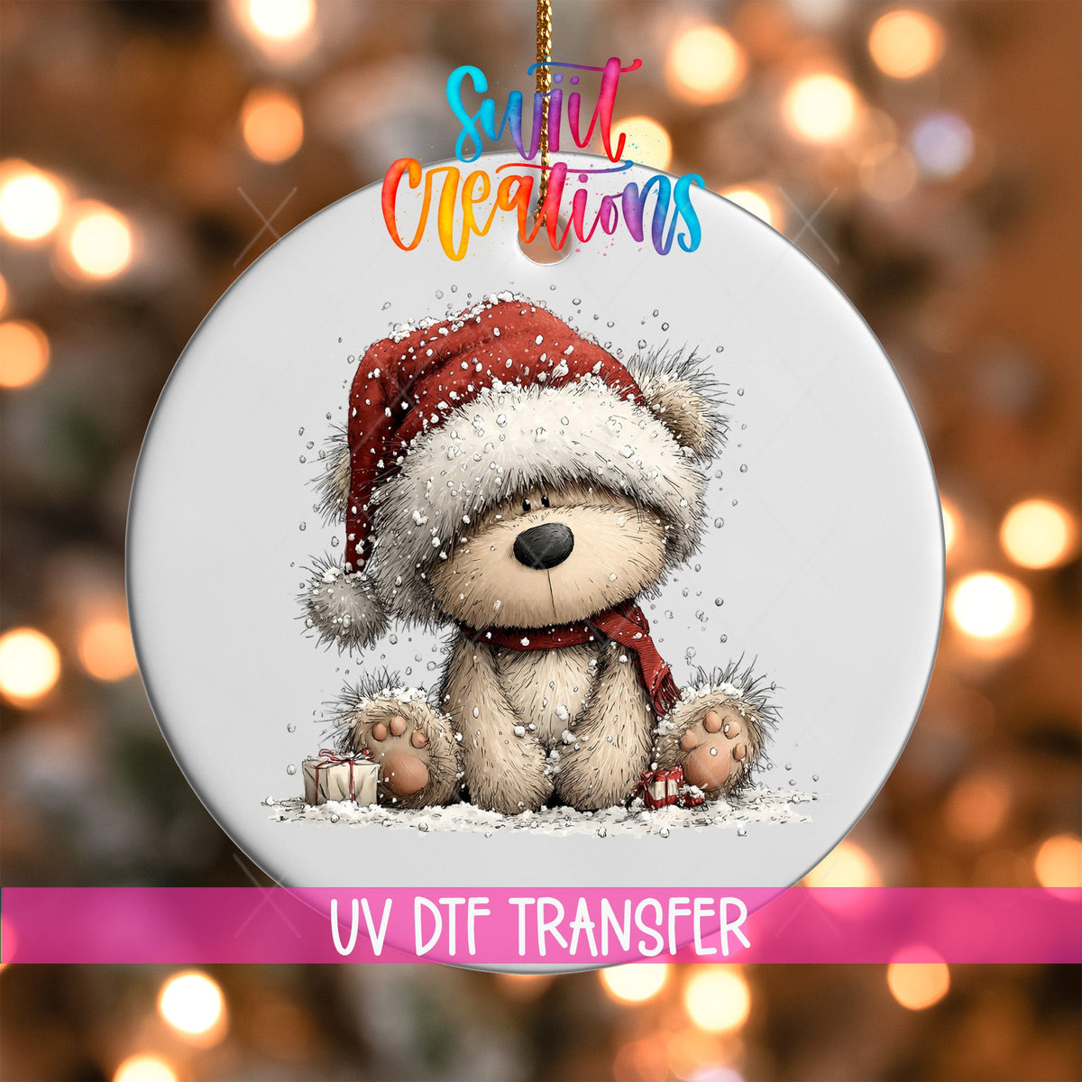 Cute Teddy Bear In Santa Hat UV DTF Ornament Transfer | O-1815 - Swiit Creations