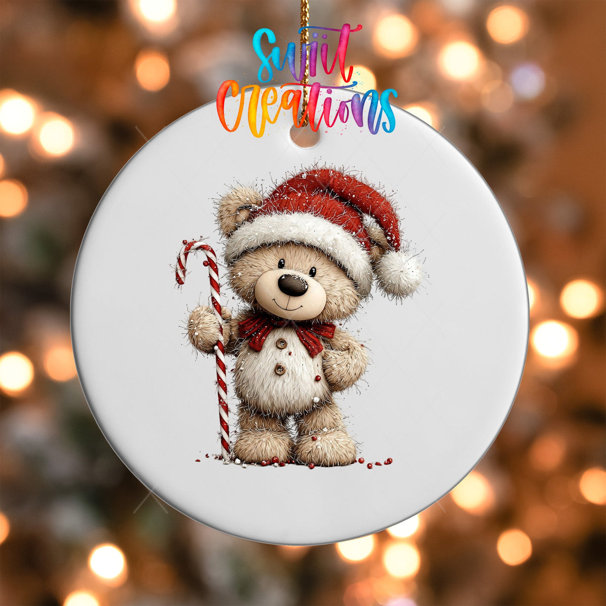 Cute Teddy Bear With Candy Cane UV DTF Ornament Transfer | O-1799 - Swiit Creations