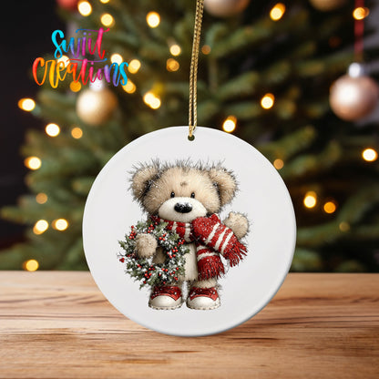 Cute Teddy Bear With Holly Wreath UV DTF Ornament Transfer | O-1810 - Swiit Creations