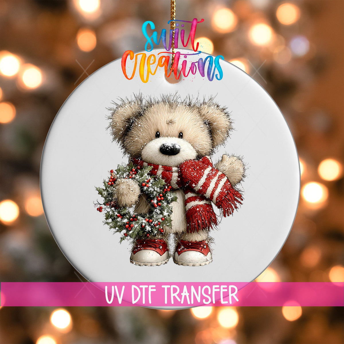 Cute Teddy Bear With Holly Wreath UV DTF Ornament Transfer | O-1810 - Swiit Creations