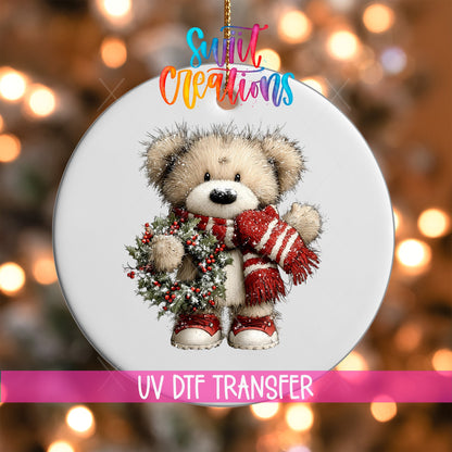 Cute Teddy Bear With Holly Wreath UV DTF Ornament Transfer | O-1810 - Swiit Creations