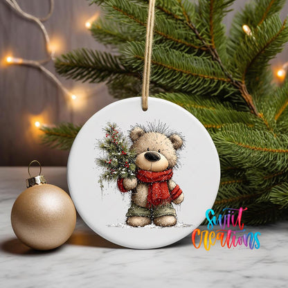 Cute Teddy Bear With Pine Branch UV DTF Ornament Transfer | O-1811 - Swiit Creations