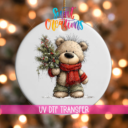 Cute Teddy Bear With Pine Branch UV DTF Ornament Transfer | O-1811 - Swiit Creations
