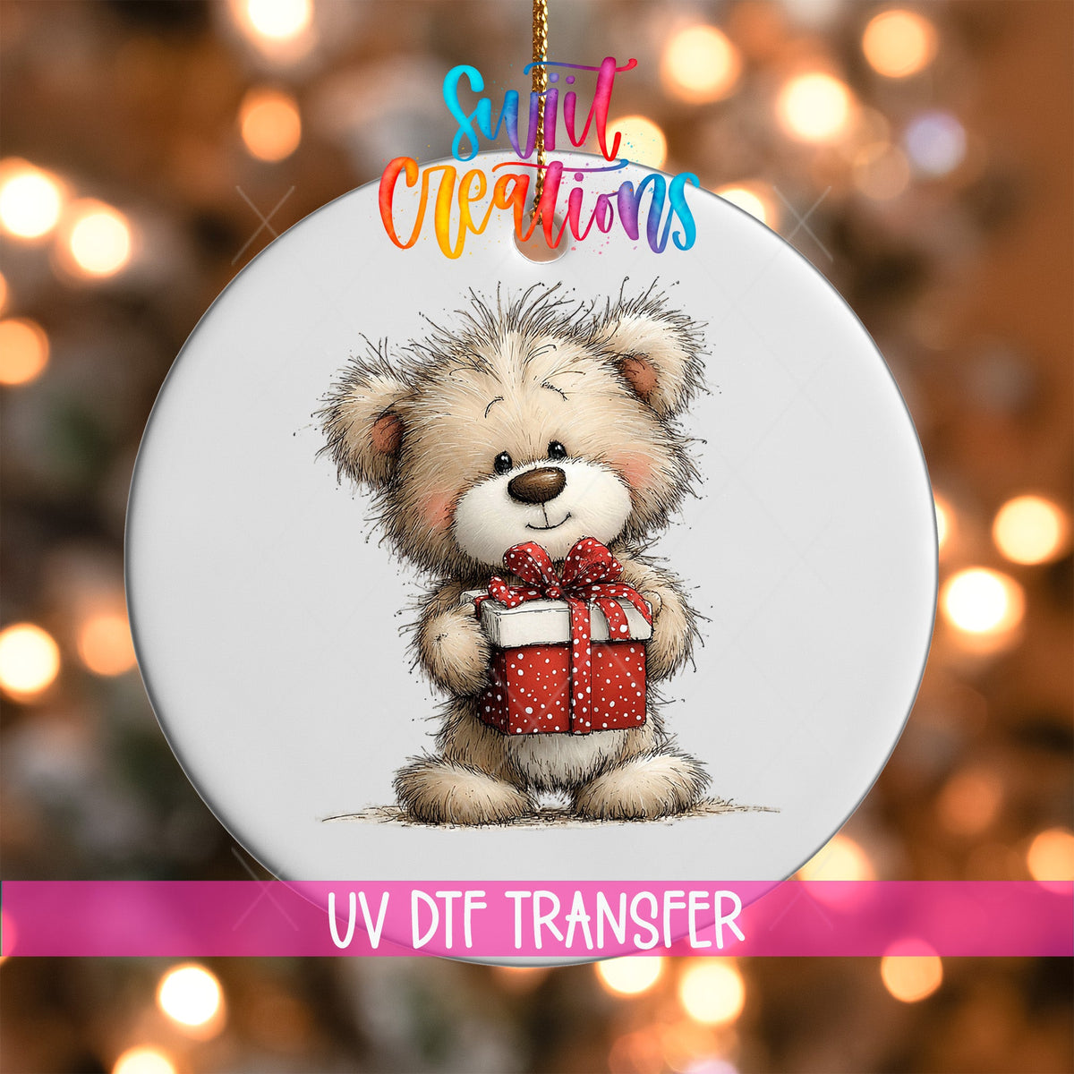 Cute Teddy Bear With Present UV DTF Ornament Transfer | O-1809 - Swiit Creations