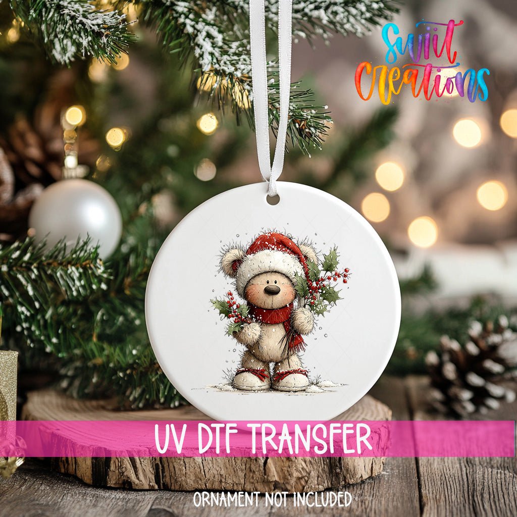 Cute Teddy Bear With Santa Hat UV DTF Ornament Transfer | O-1790 - Swiit Creations