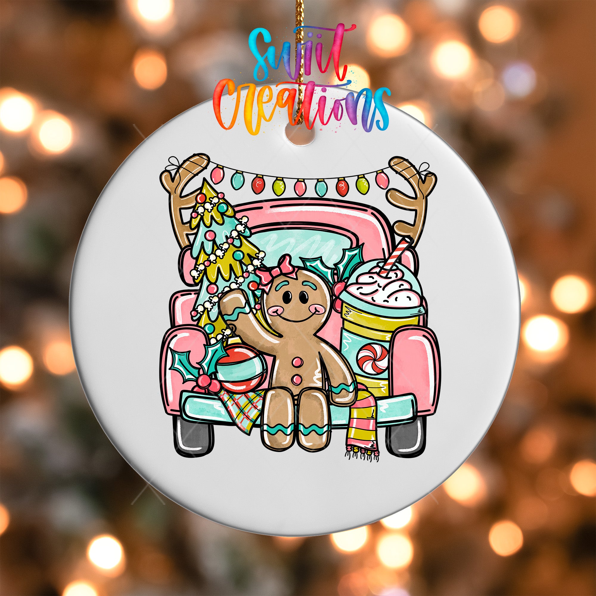 A white ornament with a gingerbread man sitting in the back of a truck, surrounded by Christmas decorations.