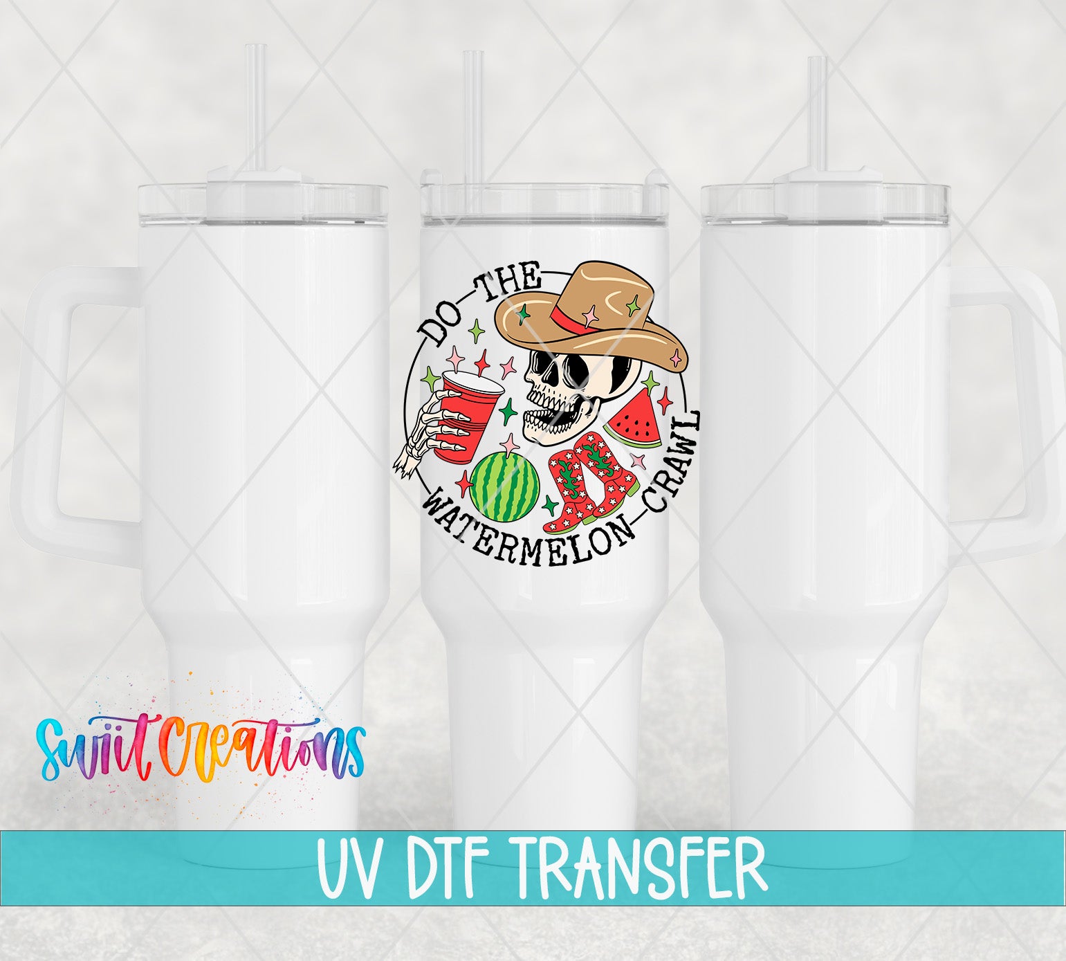 three white tumblers with a colorful design on them, including a skull wearing a cowboy hat and holding a watermelon and a straw.