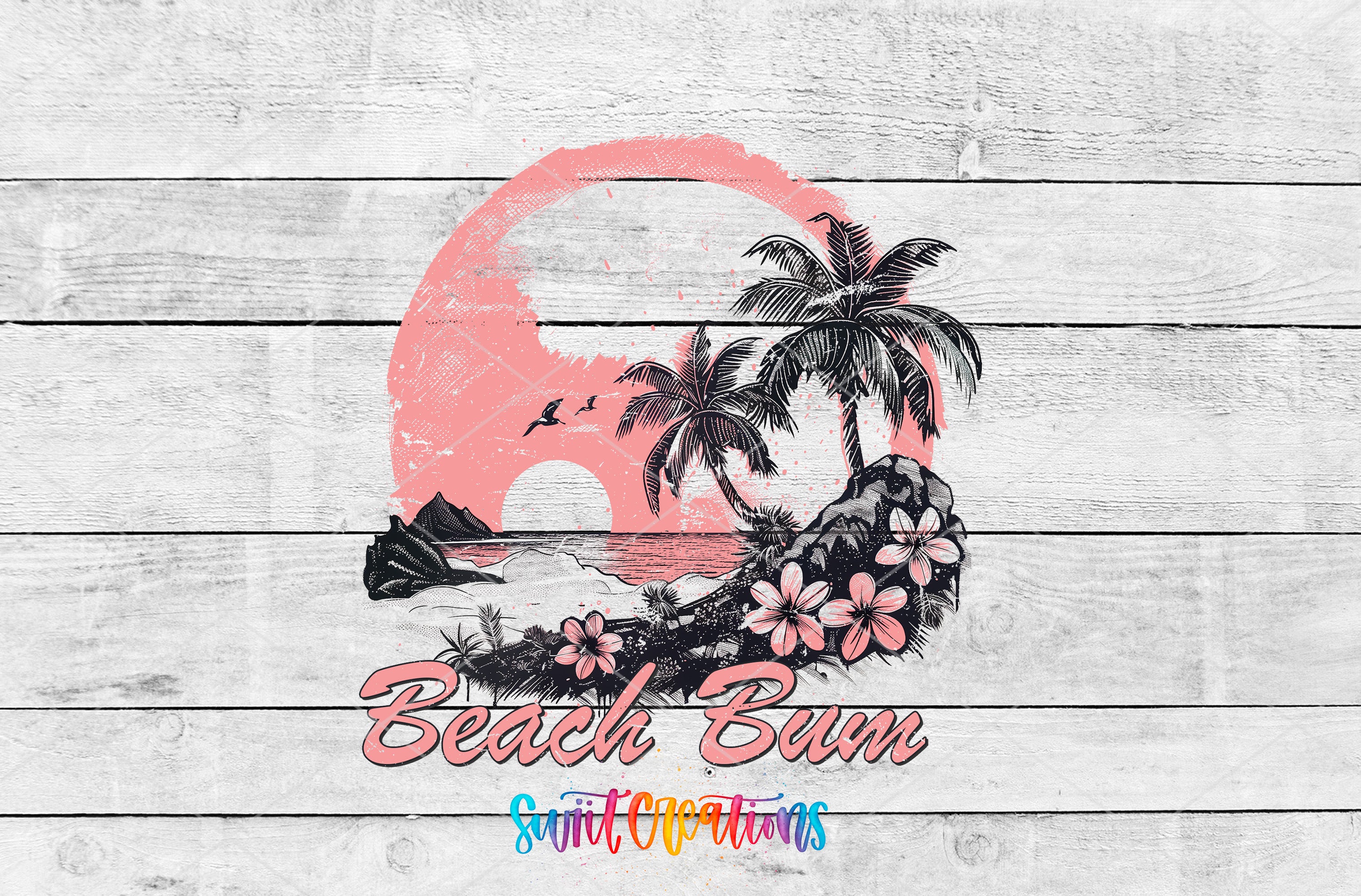 a beach scene with palm trees, a sunset, and flowers.