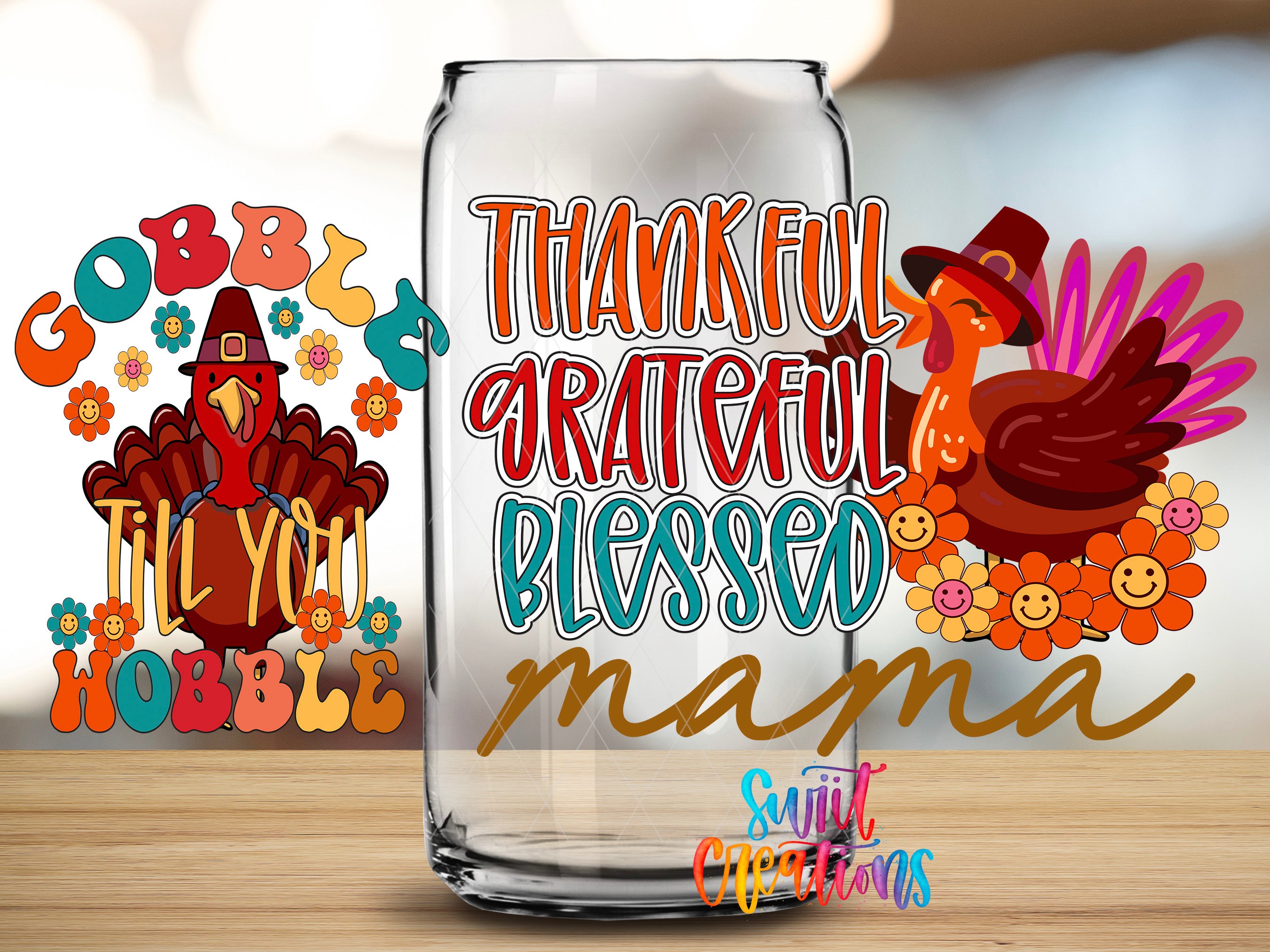 a glass jar with a Thanksgiving-themed design, including a turkey, flowers, and a message that says "Thankful Grateful Blessed Mama".