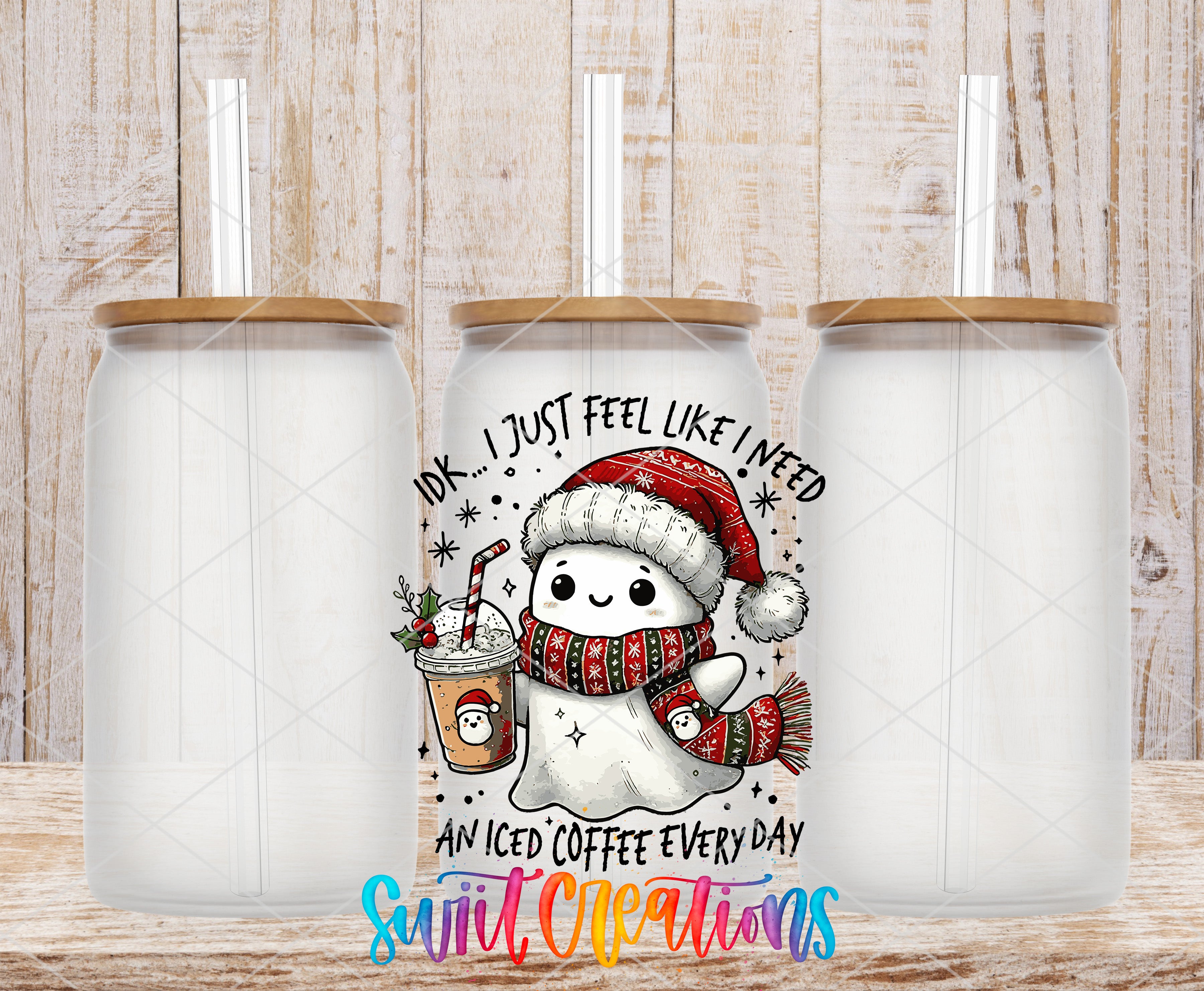 A collage of three empty glass tumblers with a colorful design featuring a cartoon ghost character wearing a Santa hat and scarf, holding a cup of iced coffee.