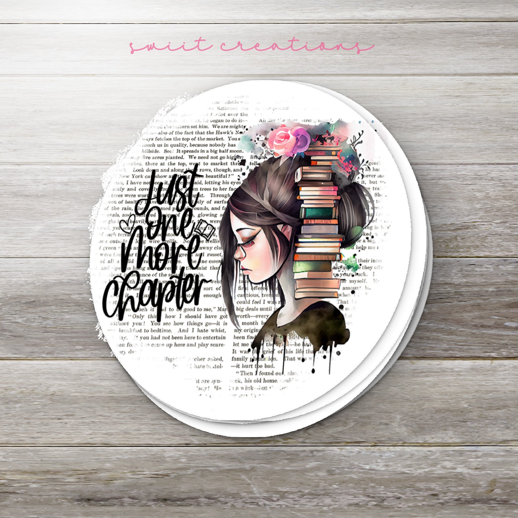 a white plate with a picture of a girl with a book on it
