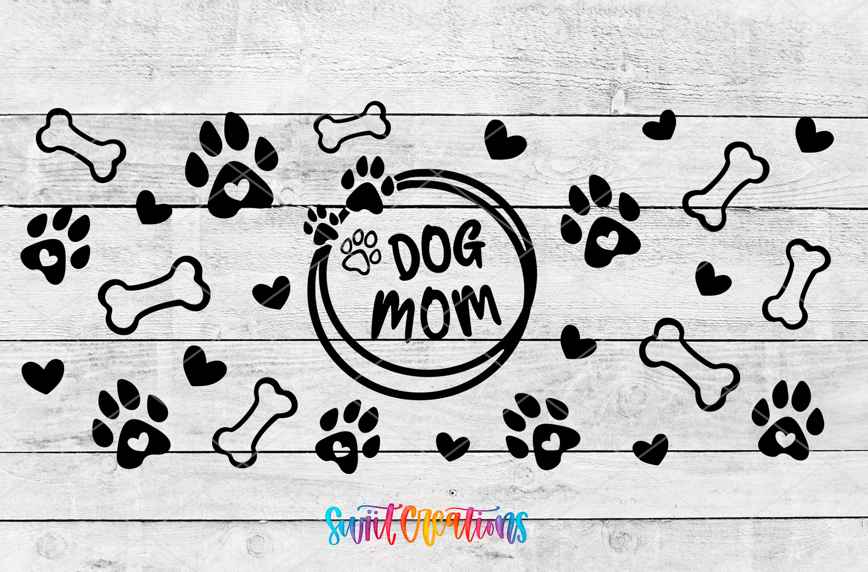 The image is a collage of various dog-related elements, including dog paw prints, bones, and the text "DOG MOM" in a circular design.