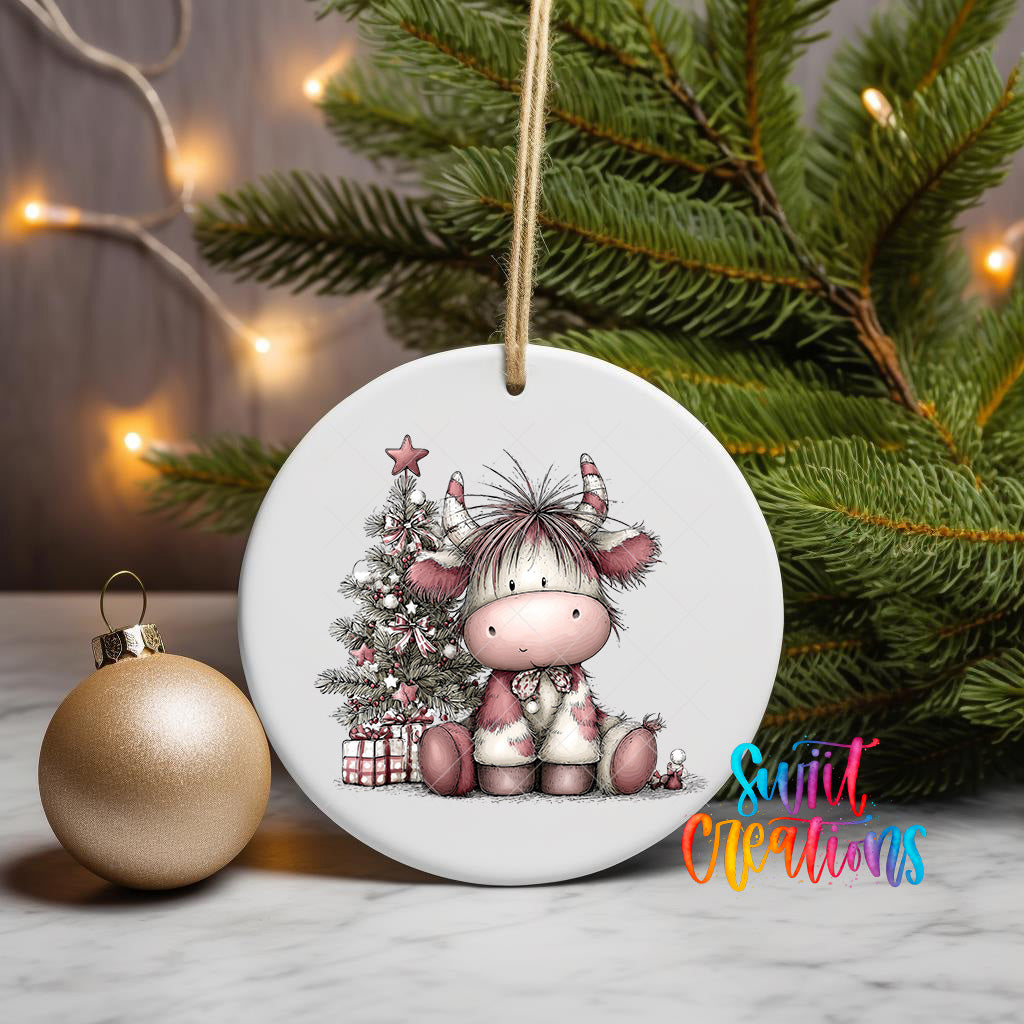 A white ceramic ornament featuring a cartoon cow sitting next to a Christmas tree, with a gold ornament and a string of lights in the background.