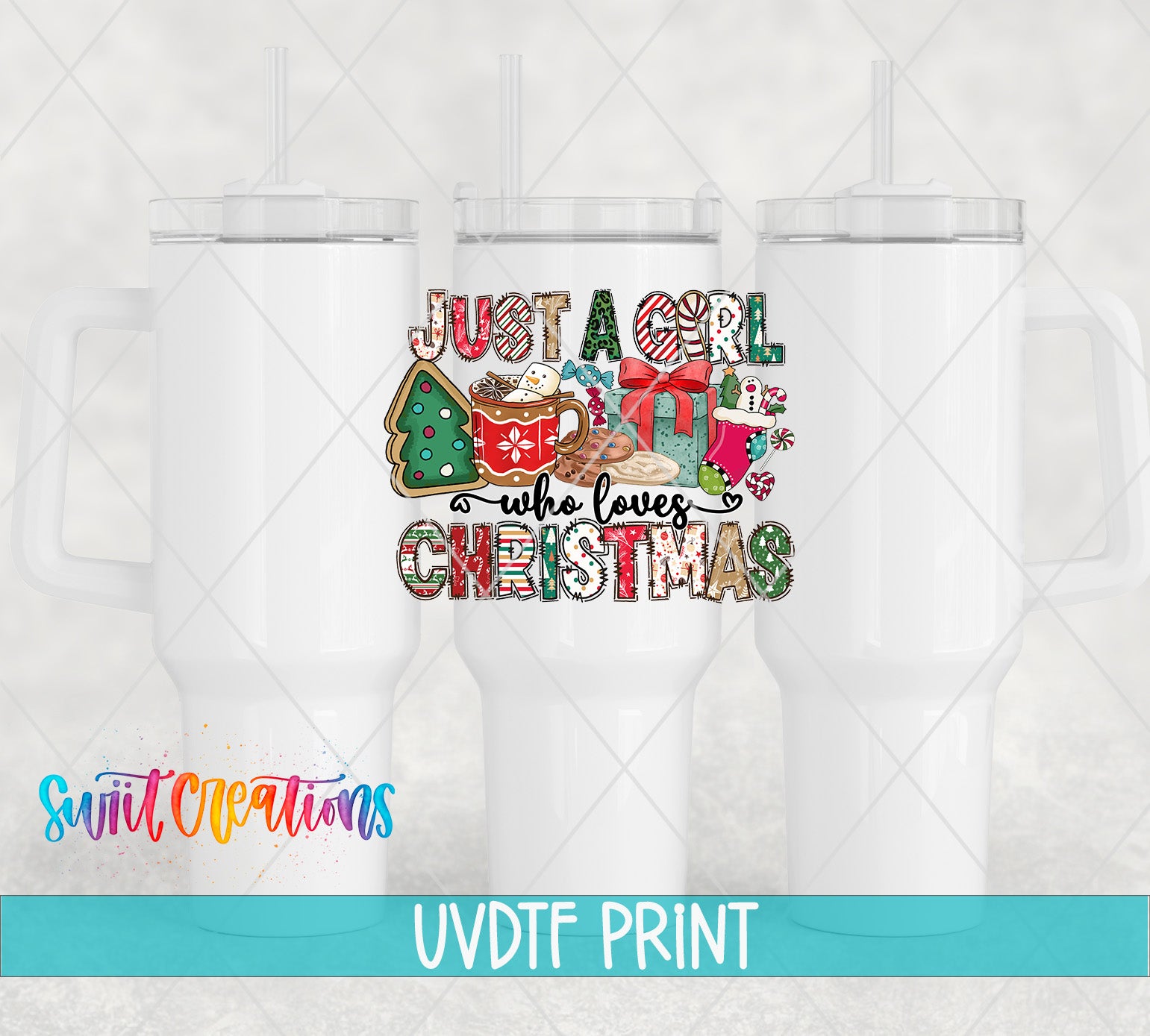 three white tumblers with a colorful and festive Christmas-themed design printed on them.