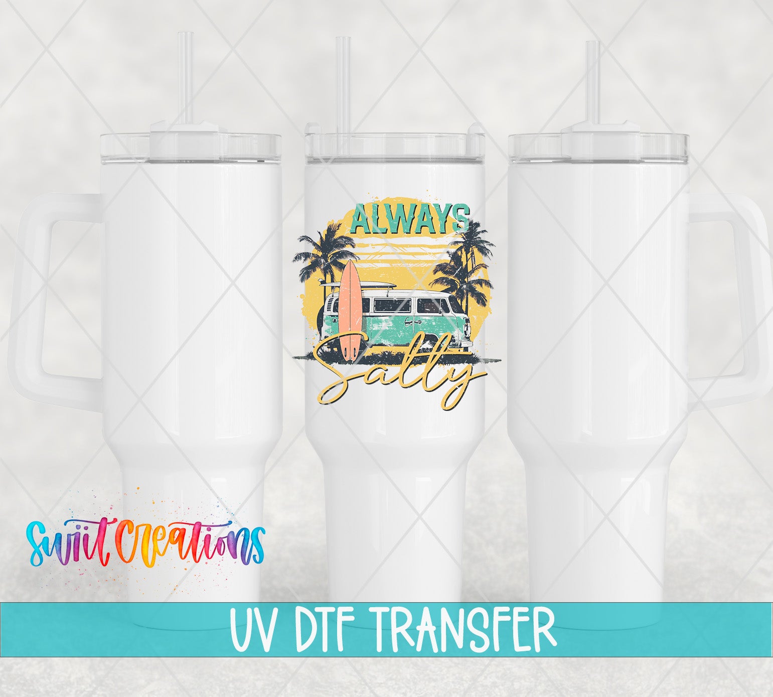 three white tumblers with a printed design on them, including a surfboard and the text "Always Salty" in a stylized font.