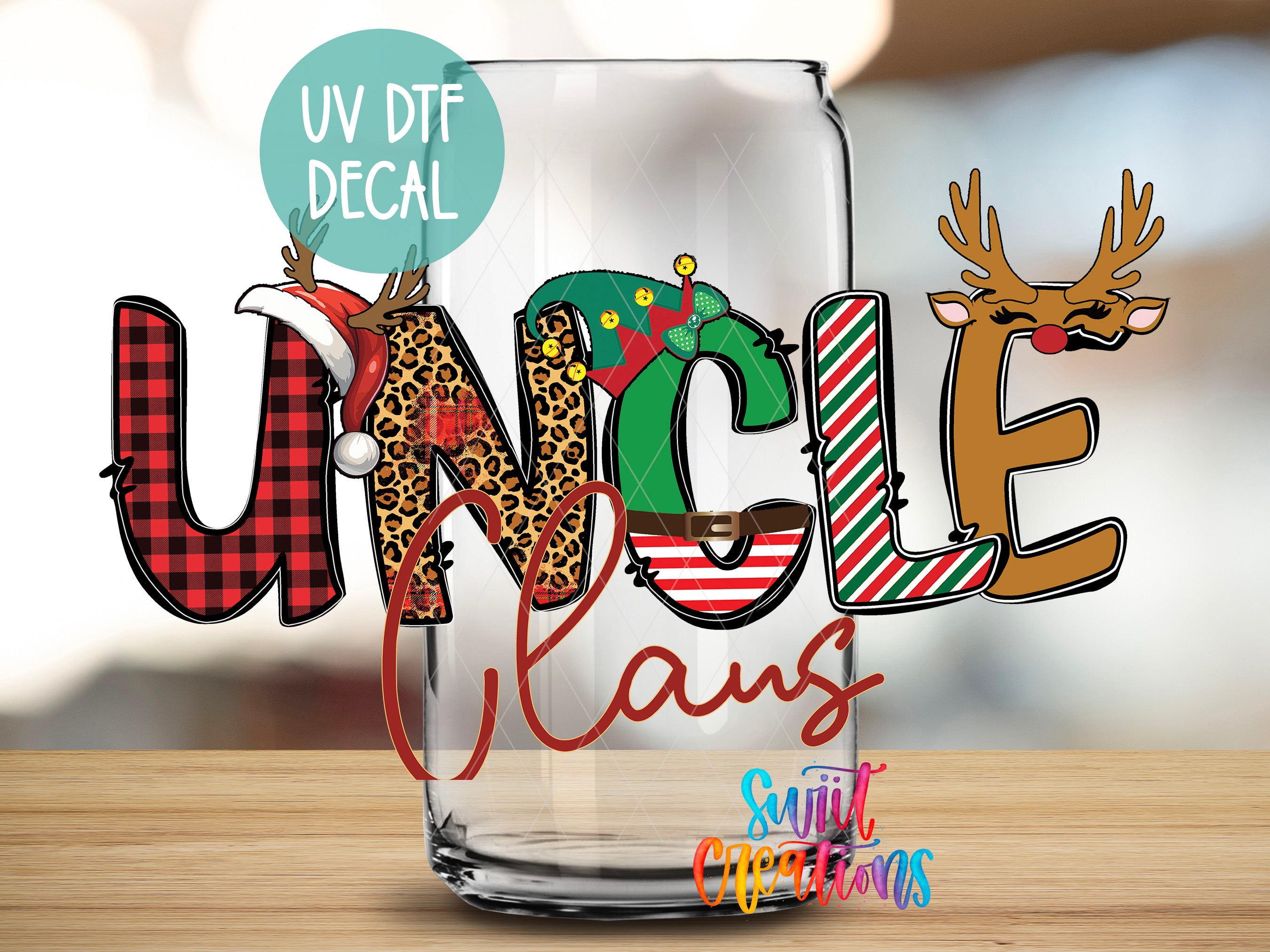 a glass with the word uncle claus on it