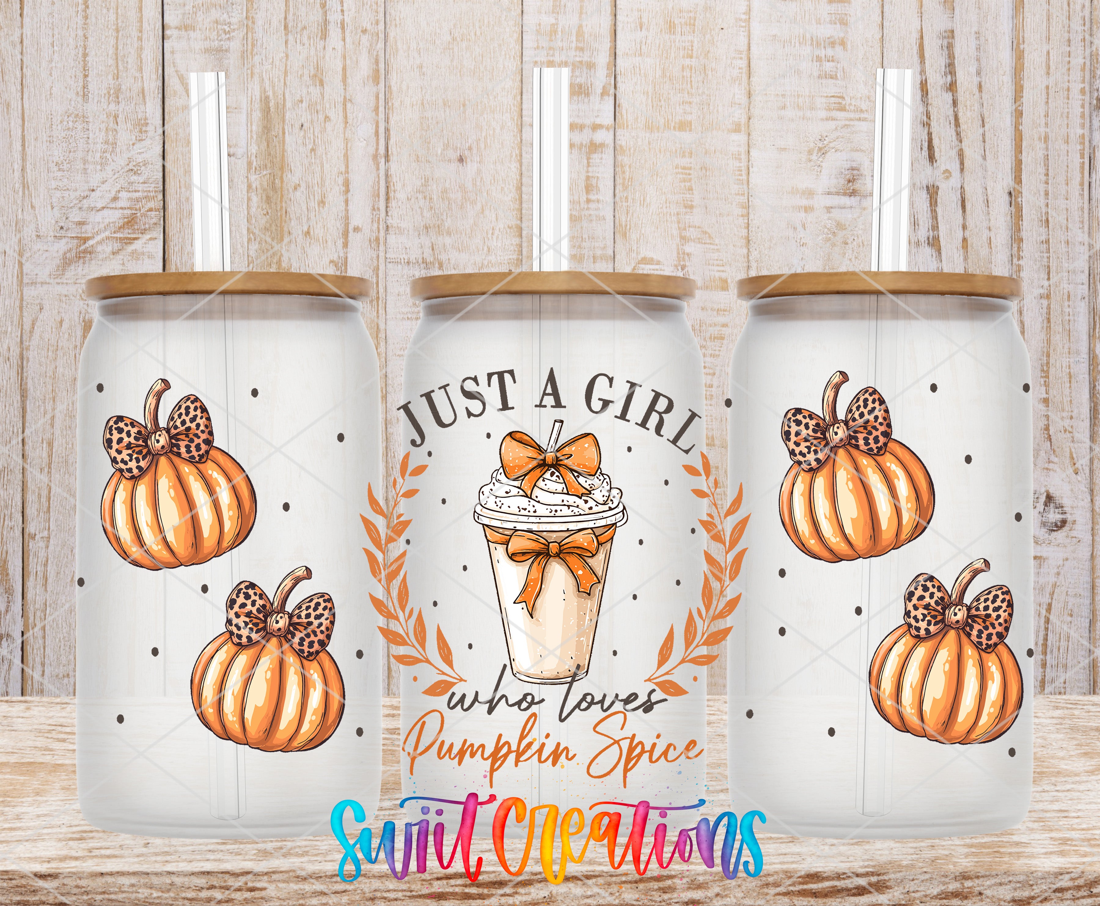 A triptych of white tumblers with autumn-themed designs, including pumpkins and leopard print bows. The central design features a cup with a pumpkin and a bow, accompanied by the text "Just a girl who loves pumpkin spice".
