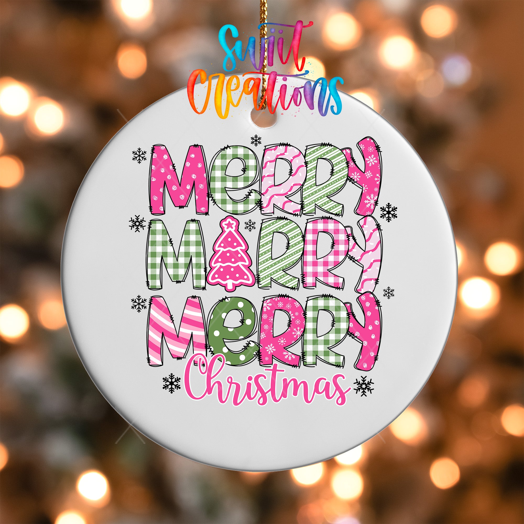 A white ornament with colorful text that says "MERRY MERRY MERRY CHRISTMAS" hanging on a string.