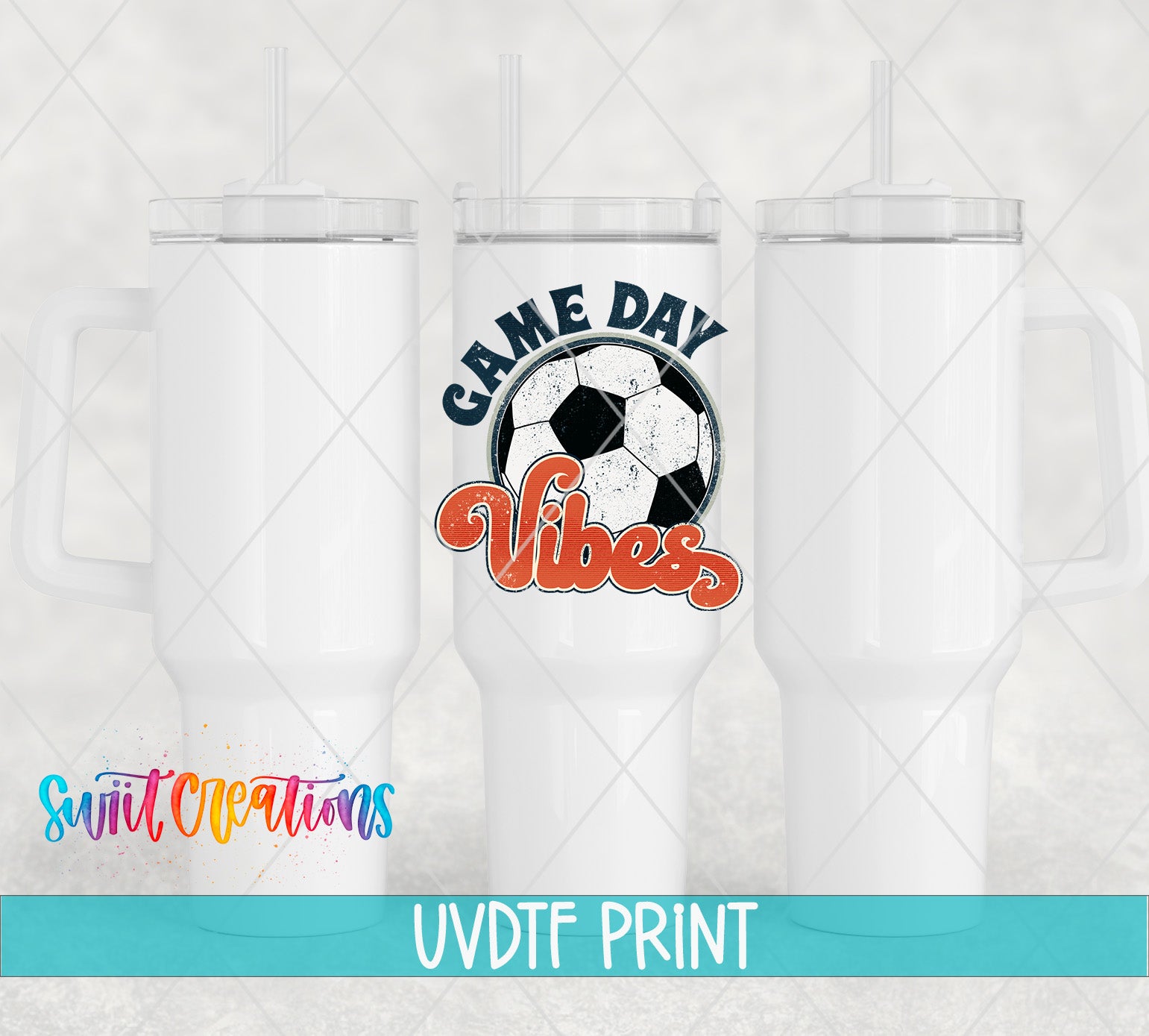 three white tumblers with a soccer ball design and the text "GAME DAY VIBES" printed on them.