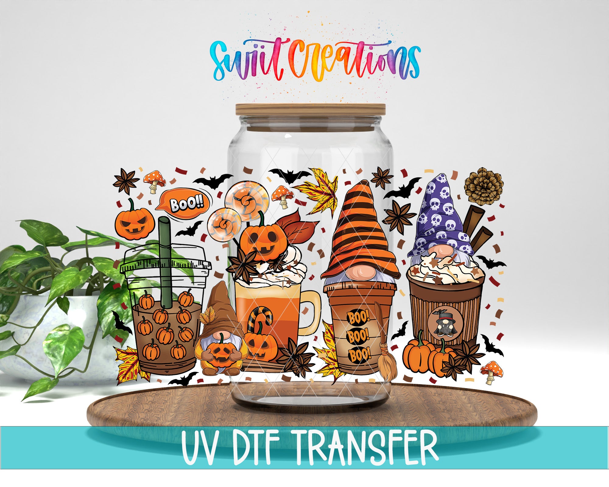 The image is a Halloween-themed illustration featuring a glass jar with various Halloween-related items such as a gnome, pumpkins, and a witch's hat. The text "Swift Creations" is written above the illustration, and the phrase "UV Dtf Transfer" is written at the bottom of the image.