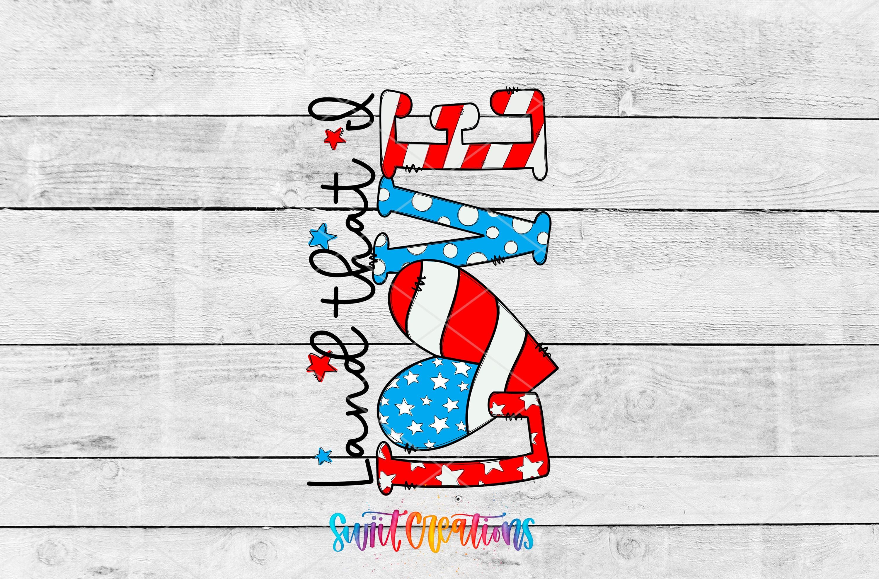 a patriotic design with the word "LOVE" in a stylized, colorful font, surrounded by various patriotic symbols such as stars, stripes, and a flag.