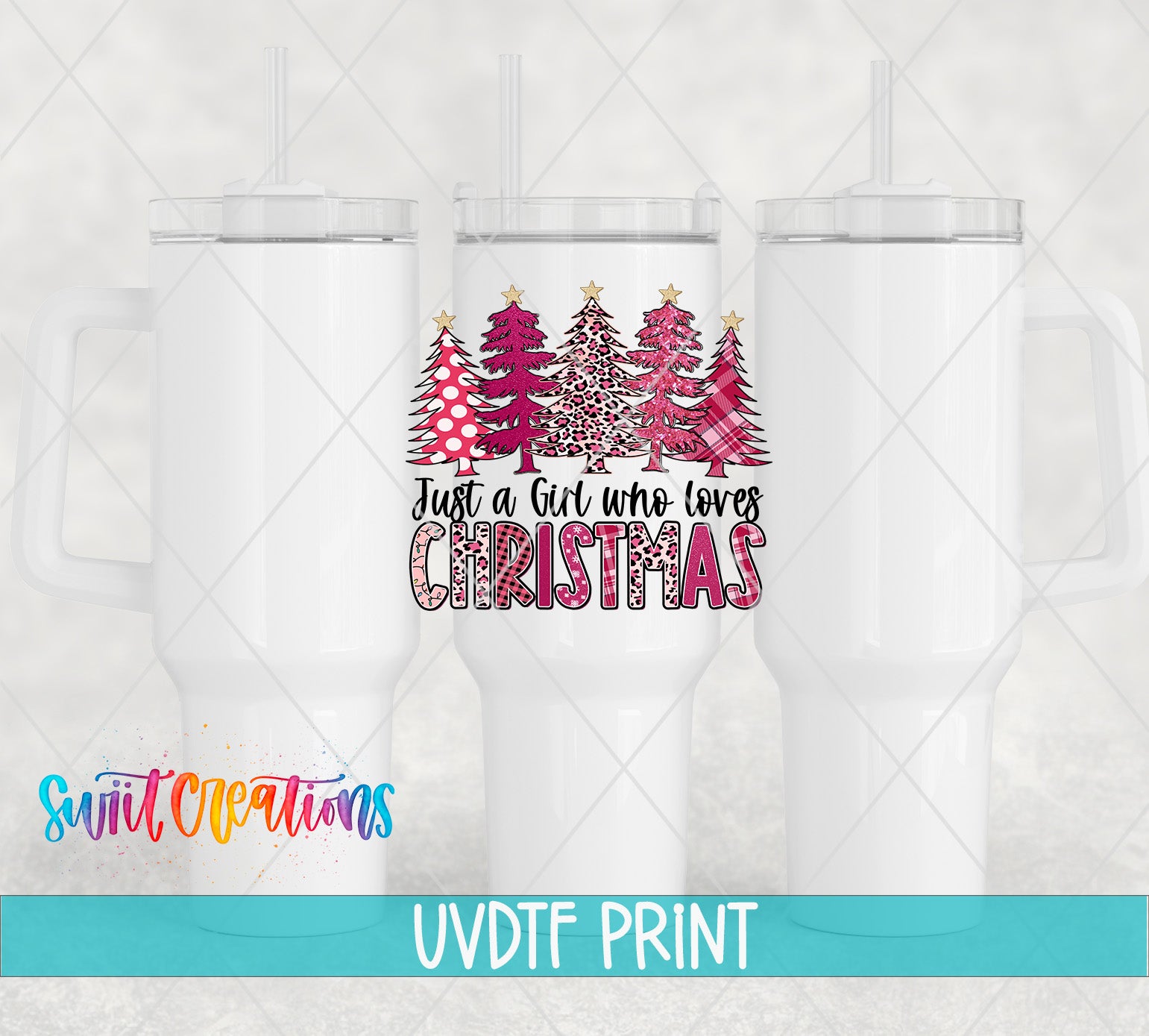 three white tumblers with a Christmas tree design and text printed on them.