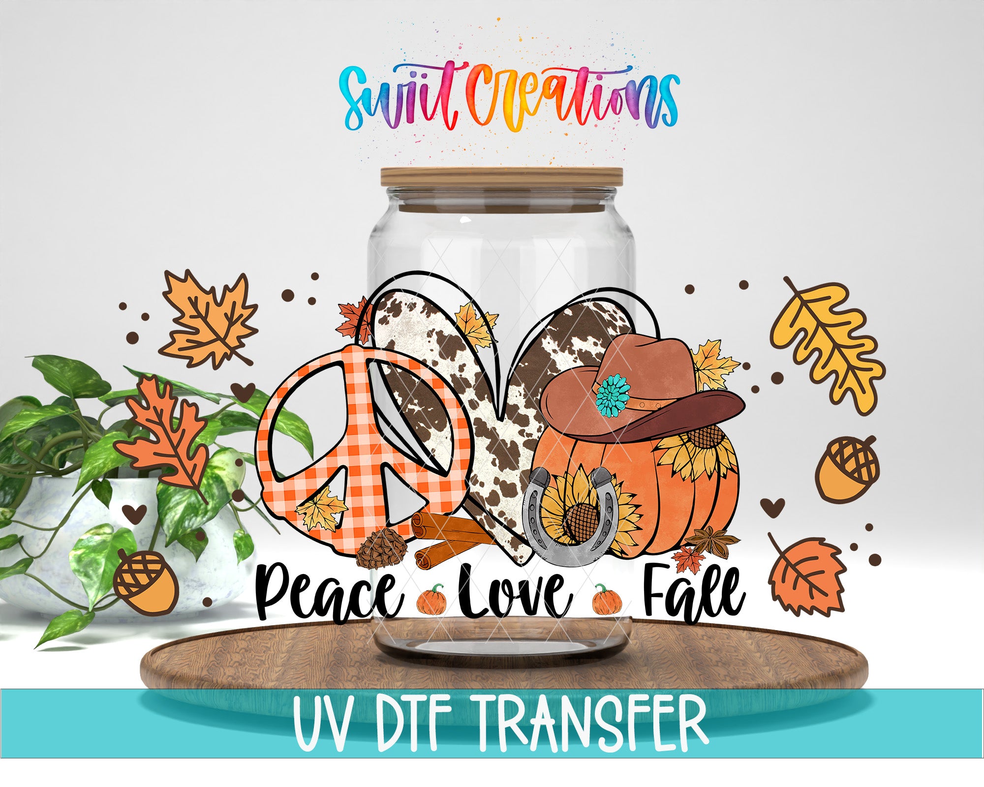 The image is a colorful and whimsical illustration featuring a peace sign, autumn leaves, a pumpkin, a cowboy hat, and a wooden tray with the text "Peace Love Fall" and "Swift Creations" written on it.