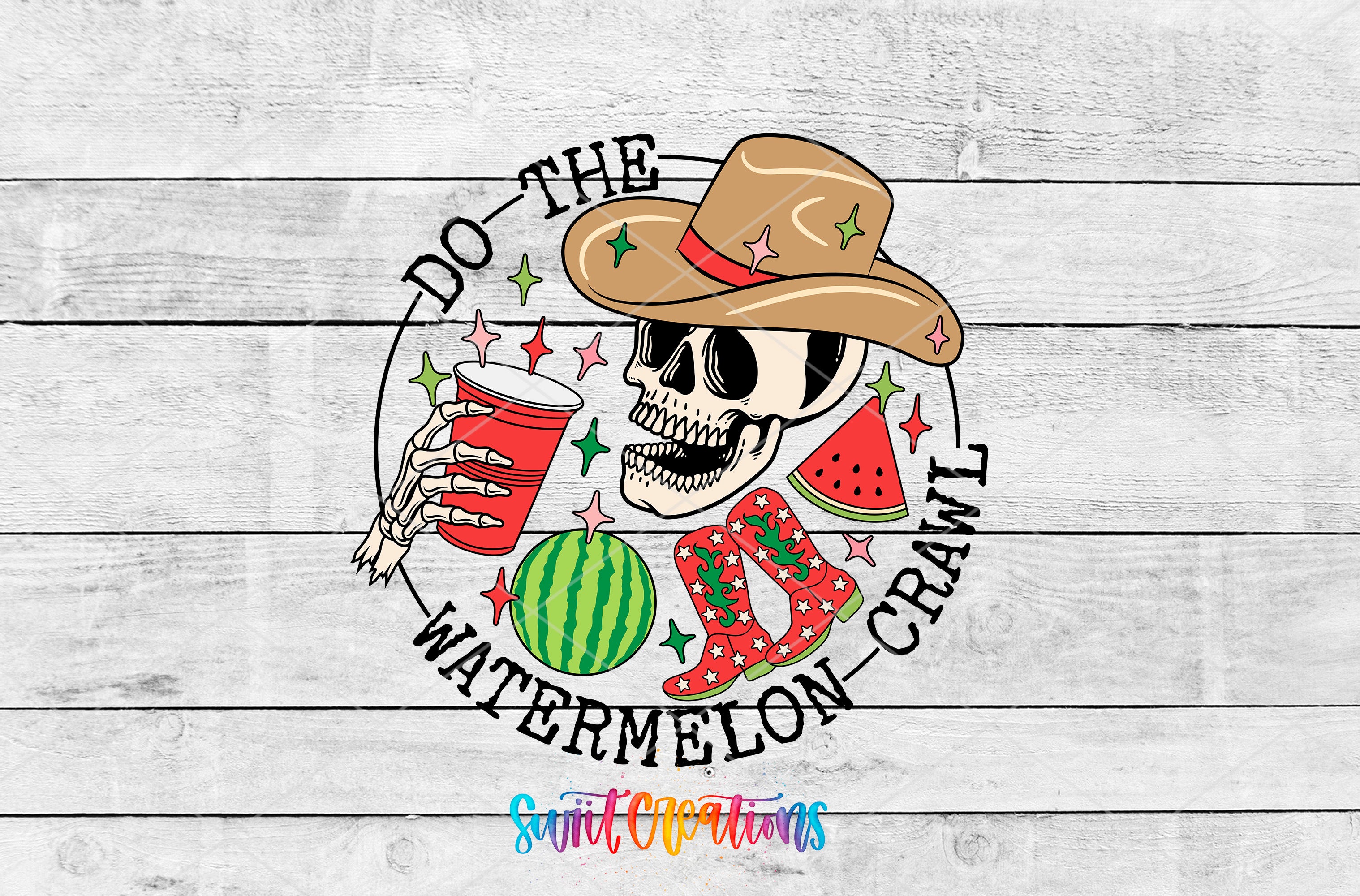 a skull wearing a cowboy hat and holding a red cup, surrounded by various objects such as a watermelon, a pair of boots, and a star.