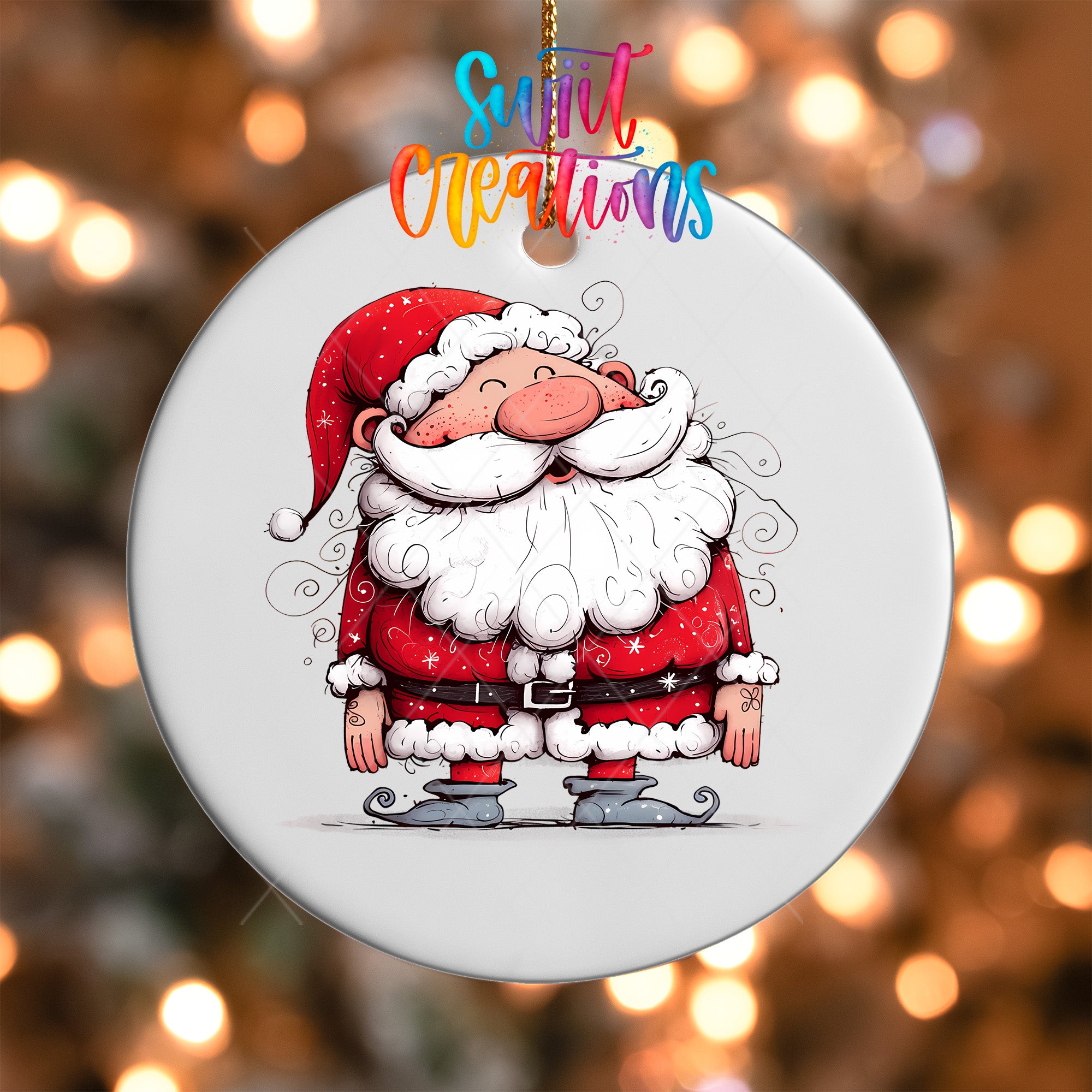 A round ornament featuring a cartoon illustration of Santa Claus wearing a red suit and hat, with a white beard and curly hair.
