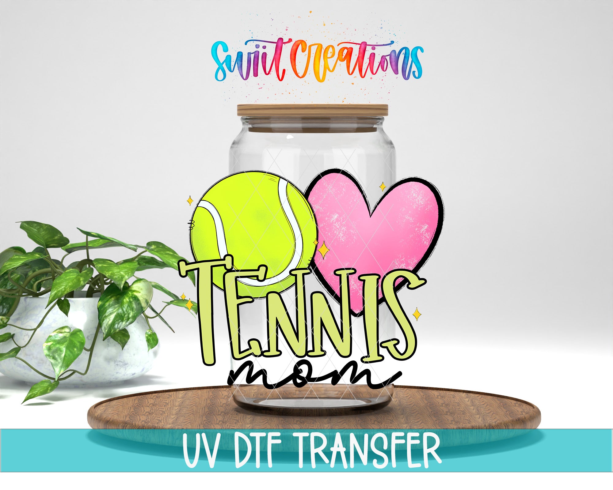 a tennis-themed design with a tennis ball, heart, and tennis racket, along with the text "Tennis mom" and "UV DFT Transfer".